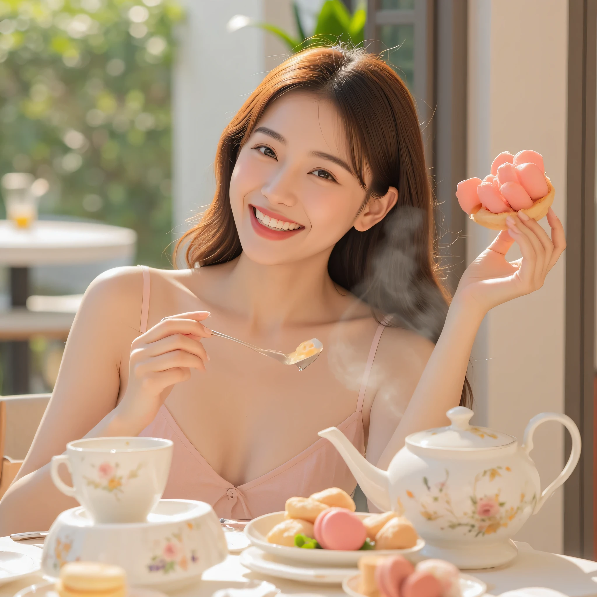 A charming 20-something cute super sexy Japanese person enjoying a delightful afternoon tea. They are dressed stylishly in warm colors such as soft pink and white, wearing a revealing yet elegant outfit that highlights their allure. They are seated at a beautifully set table with fine china, delicate pastries, and a steaming teapot, exuding grace and sophistication. Their expression is joyful and inviting as they take a sip of tea, delicately pick up a macaron, or playfully swirl a spoon in their cup. The background features a luxurious café or a sunlit garden terrace, with a soft golden glow from the afternoon sun, creating a warm and enchanting atmosphere. The mood is cozy, refined, and captivating.