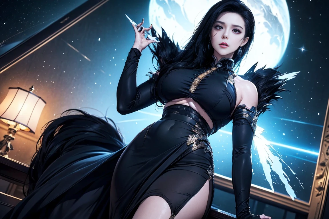 best quality,masterpiece,Ultra-high resolution,(photoactual:4:0)black,In a cave,A Noble and Cold Eastern Woman,long hair shawl,Big breasts,thin waist,,穿著black高貴又迷人的連身裙,Hands and Feet Bound by Chains,Rune Array on the Chains,Sparkling,Movie Special Effects