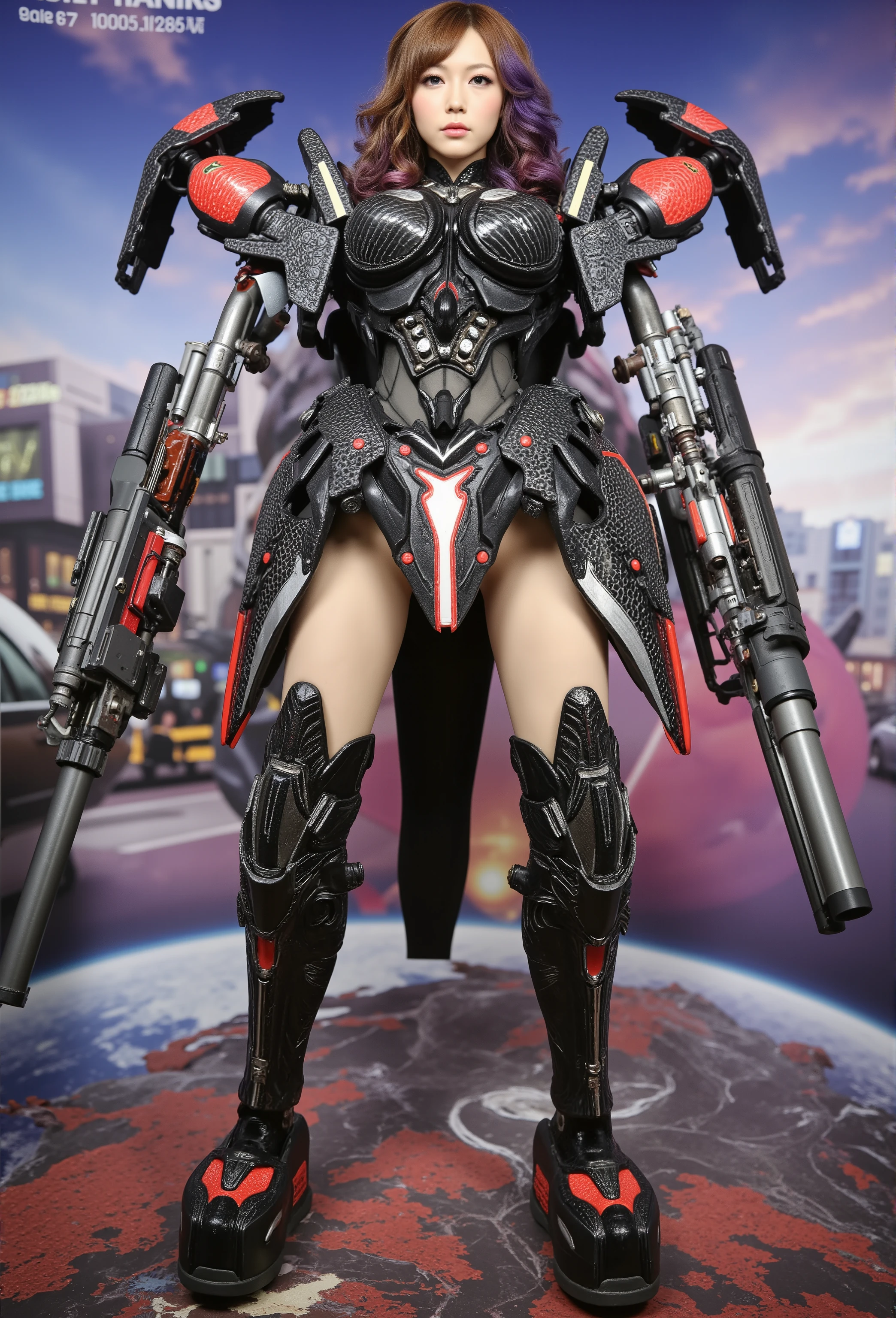 ultra high res,8k,(Photorealsitic:1.4), (doragon-like mechanical suit:1.2), designed by Hajime Katoki,heavy weapons,vivid textures,mechanical legs, gradation hair, japanese female soldier,(ultra beautiful face),((super realistic all textures)), ((super intricate all details)), full body shot, ultra sharp photo result, Acrylic Clear Cover, Hydraulic cylinder, style, taken with Fuji film X-T30+Nokton. HDR10,Minimum of 4 pieces created