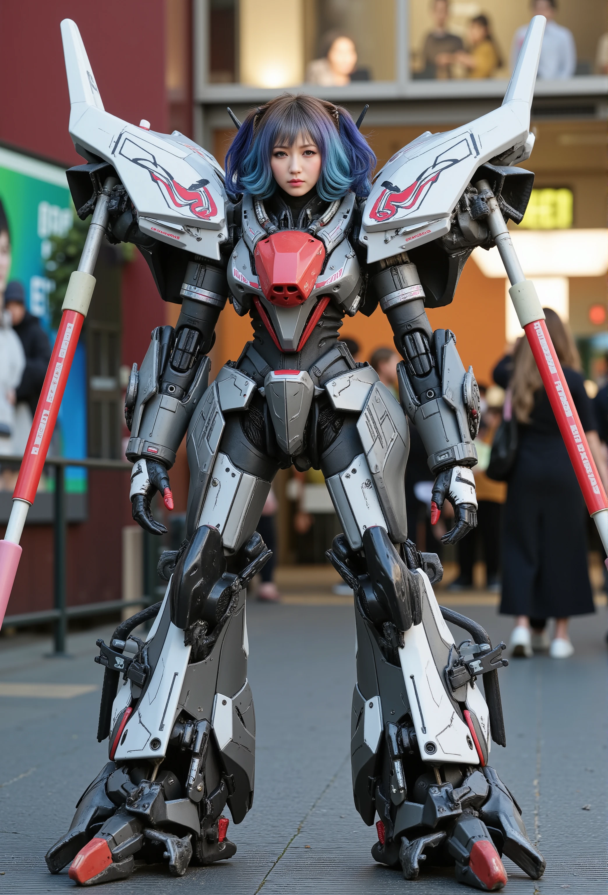 ultra high res,8k,(Photorealsitic:1.4), (doragon-like mechanical suit:1.2), designed by Hajime Katoki,heavy weapons,vivid textures,mechanical legs, gradation hair, japanese female soldier,(ultra beautiful face),((super realistic all textures)), ((super intricate all details)), full body shot, ultra sharp photo result, Acrylic Clear Cover, Hydraulic cylinder, style, taken with Fuji film X-T30+Nokton. HDR10,Minimum of 4 pieces created