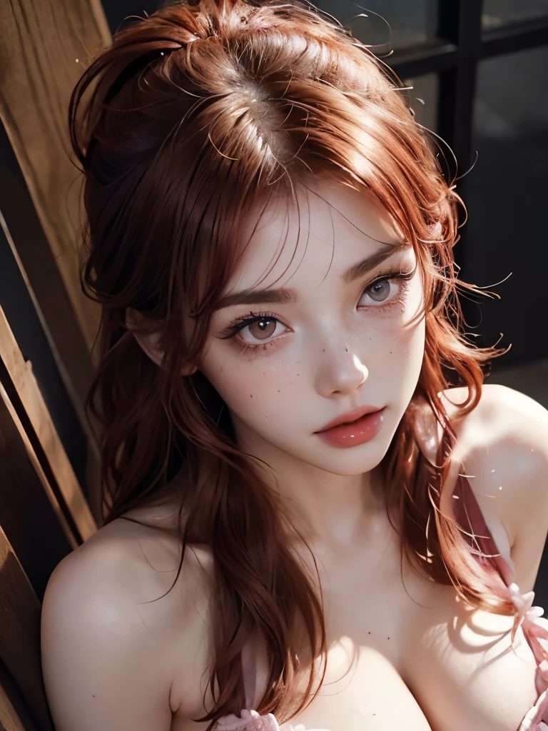8k, RAW Photography, portlate, top-quality, 超A high resolution、Braids、piercings、Photorealsitic, 1 girl, full bodyesbian, redhair, Green eyes、a necklace, a smile, eye lashes, electricity, depth of fields, lensflare、camisole