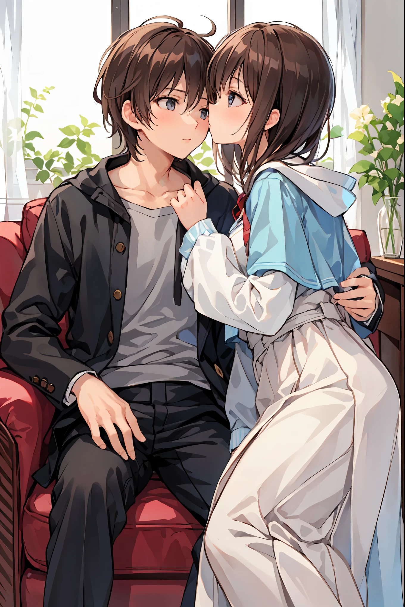 Couple in their 20s、 male1名, woman1名、 maleとwomanの両方のための軽い服装、 Kissing 、Shiny atmosphere、woman(Medium length brown hair ),魅惑的なグレーブルーのeyeは星のように輝いている,close ~ eye、Sweet Sigh、 male( Short Black Hair 、右手をwomanの頬に当てる)tightly close your eye、 With background(room、Sofa)、Late Night、 dark、Anatomically correct limbs、 Girls Are Slightly Skinny 、 shows underwear