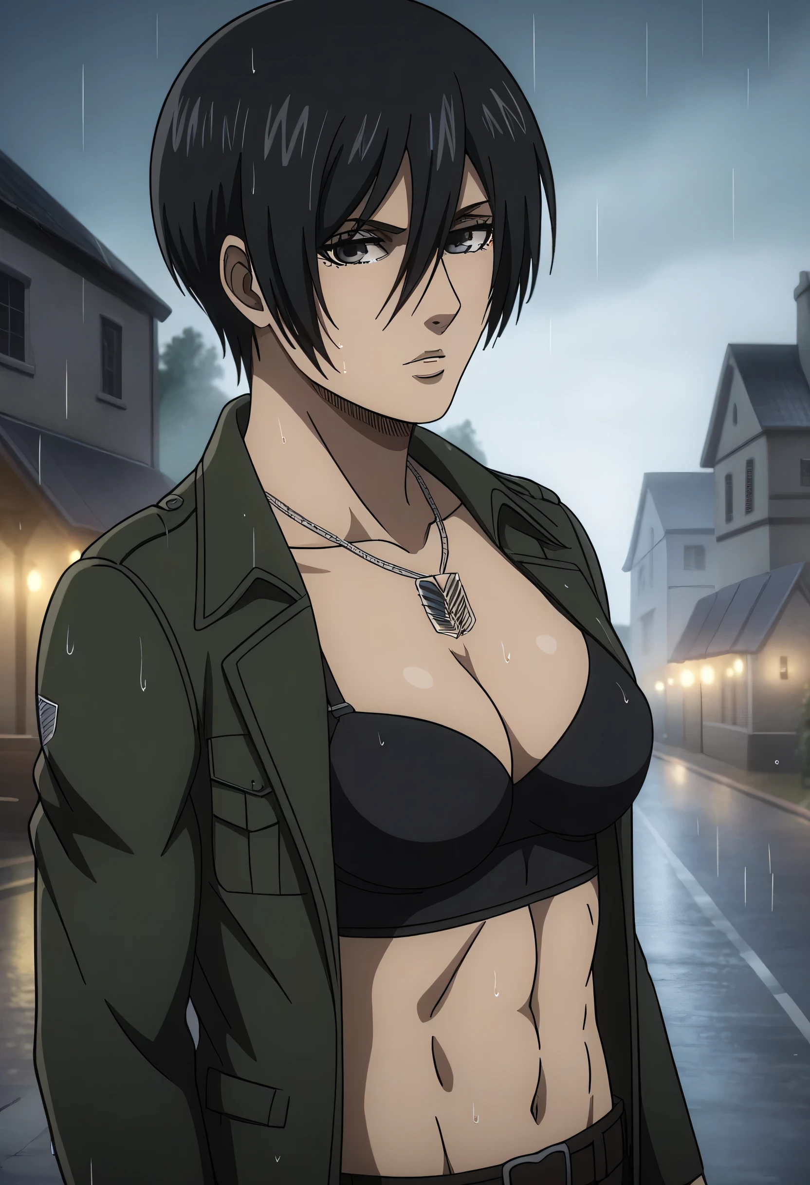 score_9, score_8_up, score_7_up, BREAK source_anime, mikasa ackrman, grey eyes, black hair, short hair, medium breasts,Mikasa wreanig open green jacket with sport black bra and black loose military trousers,mikasa with good looking body,perfect lighting,mikasa final season design,mikasa mappa version,walking on street,Perfect generation,mikasa boy hairstyle,mikasa season 4 version,attack on titan graphics,in night,HD wallpaper,perfect colors,pixie cut hairstyle,fighting face,raining,wet body,mikasa wreanig chains necklace,mikasa flat stomach,mikasa only six-pack,normal body size,anime style,tone six-pack,attack on titan season 4 style