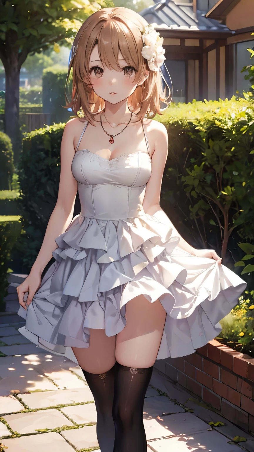 Iroha Isshiki, slender body, solo, medium Brown hair, disheveled hair, lips parted, garden, layered wedding dress, jewelry, necklace, standing, white thigh highs