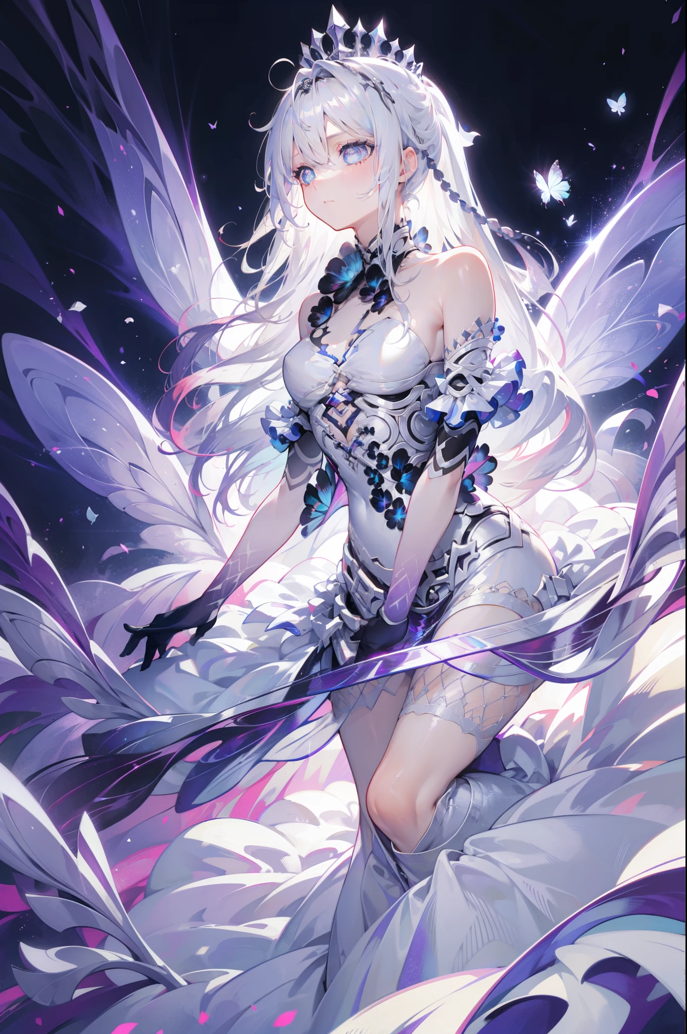 Silver braided hair, light pink eyes, dark pink heart pupil, 21 years old, Pale skin, Female, Hour glass body w/ pale skin, Diamond & silver crown, white floor length cocktail dress removable butterfly sleeves, silver veil.