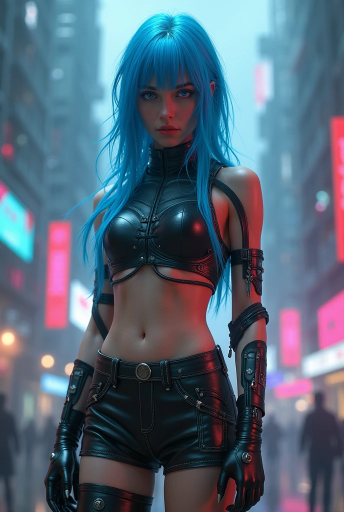 A beautiful woman with vibrant blue hair, wearing a detailed and intricate cyberpunk outfit, striking a dynamic pose in a futuristic, colorful city backdrop, under cinematic lighting, rendered in the Gorillaz art style by Jamie Hewlett, highly detailed, 8k, photorealistic, masterpiece