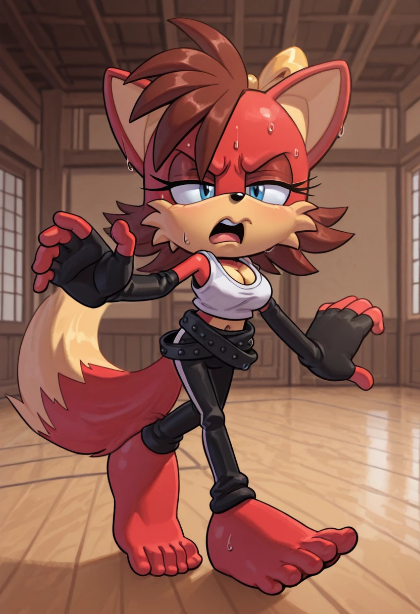 Male, robot wolf, detailed yellow eyes, long tail, big nipples, slim, sly, simple background,kicking, smirk, bulge, glasses, tail wrapping around body,aak,Sexy latex swimsuit,full body,fighting