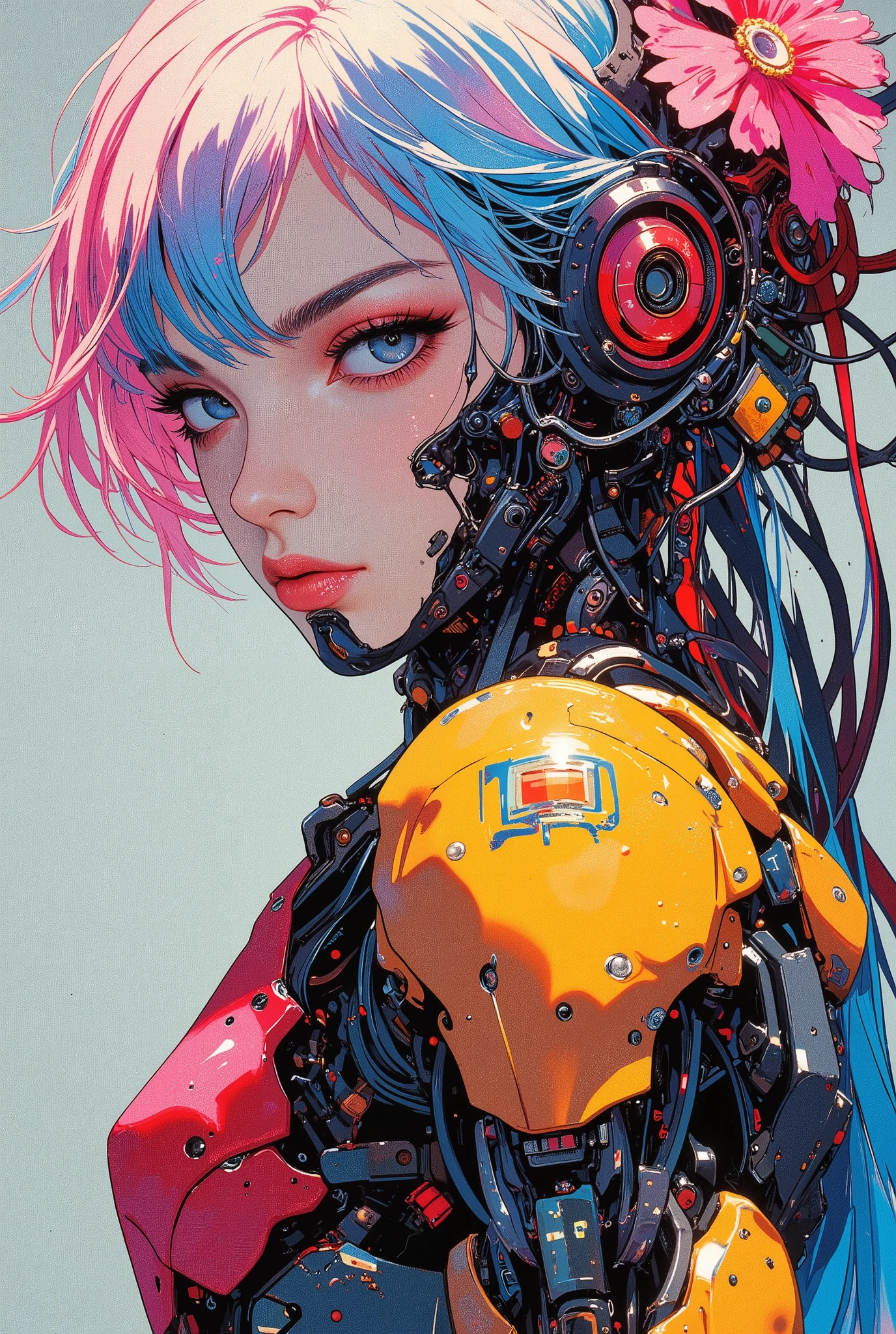 Robot human women portrait art matte color colourful textures colourful robot body texture korean face blue and pink hair right angle face left angle