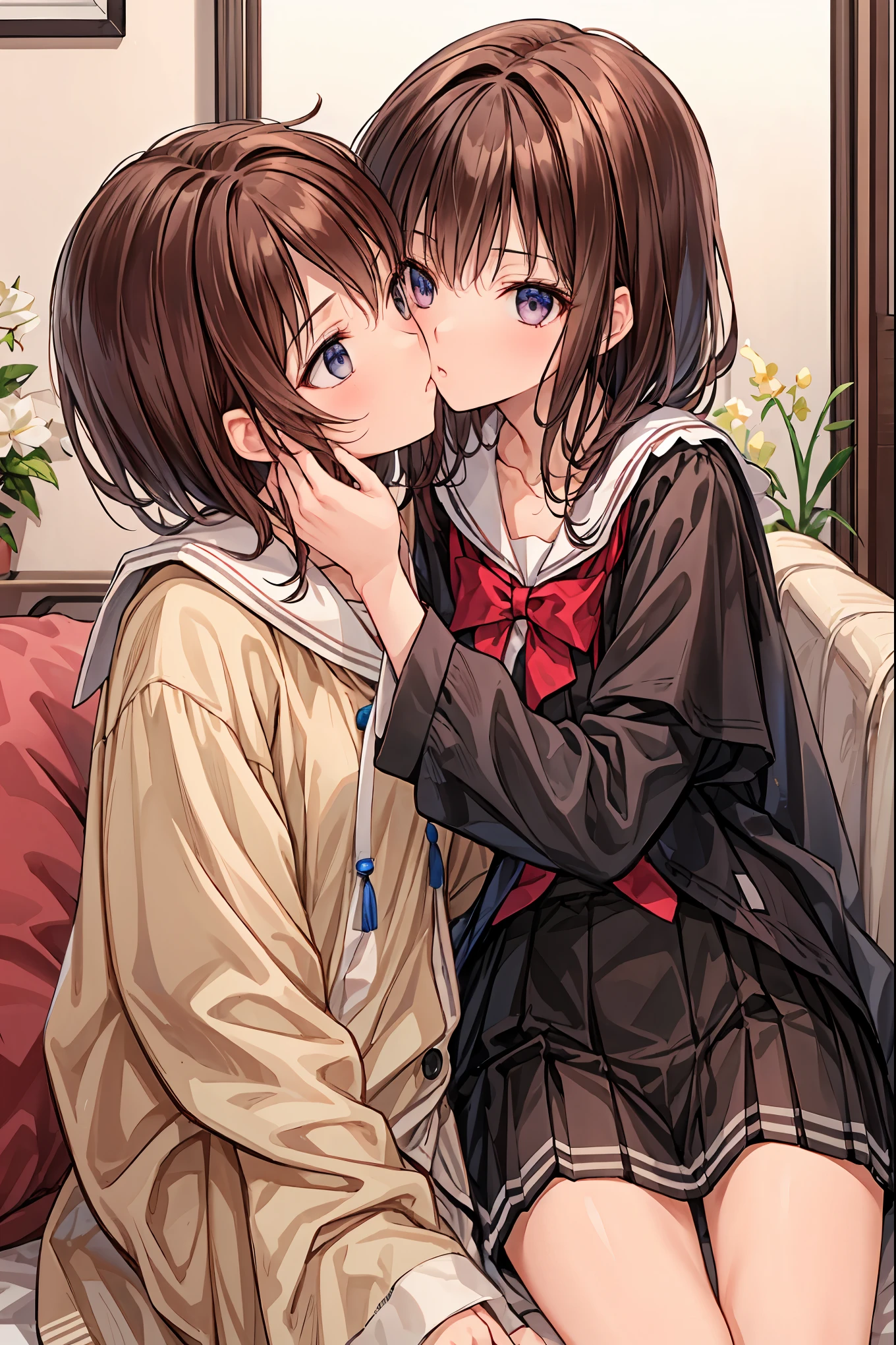 Couple in their 20s、 male1名, woman1名、 maleとwomanの両方のための軽い服装、 Kissing 、Shiny atmosphere、woman(Medium length brown hair ),魅惑的なグレーブルーのeyeは星のように輝いている,close ~ eye、Sweet Sigh、 male( Short Black Hair 、右手をwomanの頬に当てる)tightly close your eye、 With background(room、Sofa)、Late Night、 dark、Anatomically correct limbs、 Girls Are Slightly Skinny 、 shows underwear