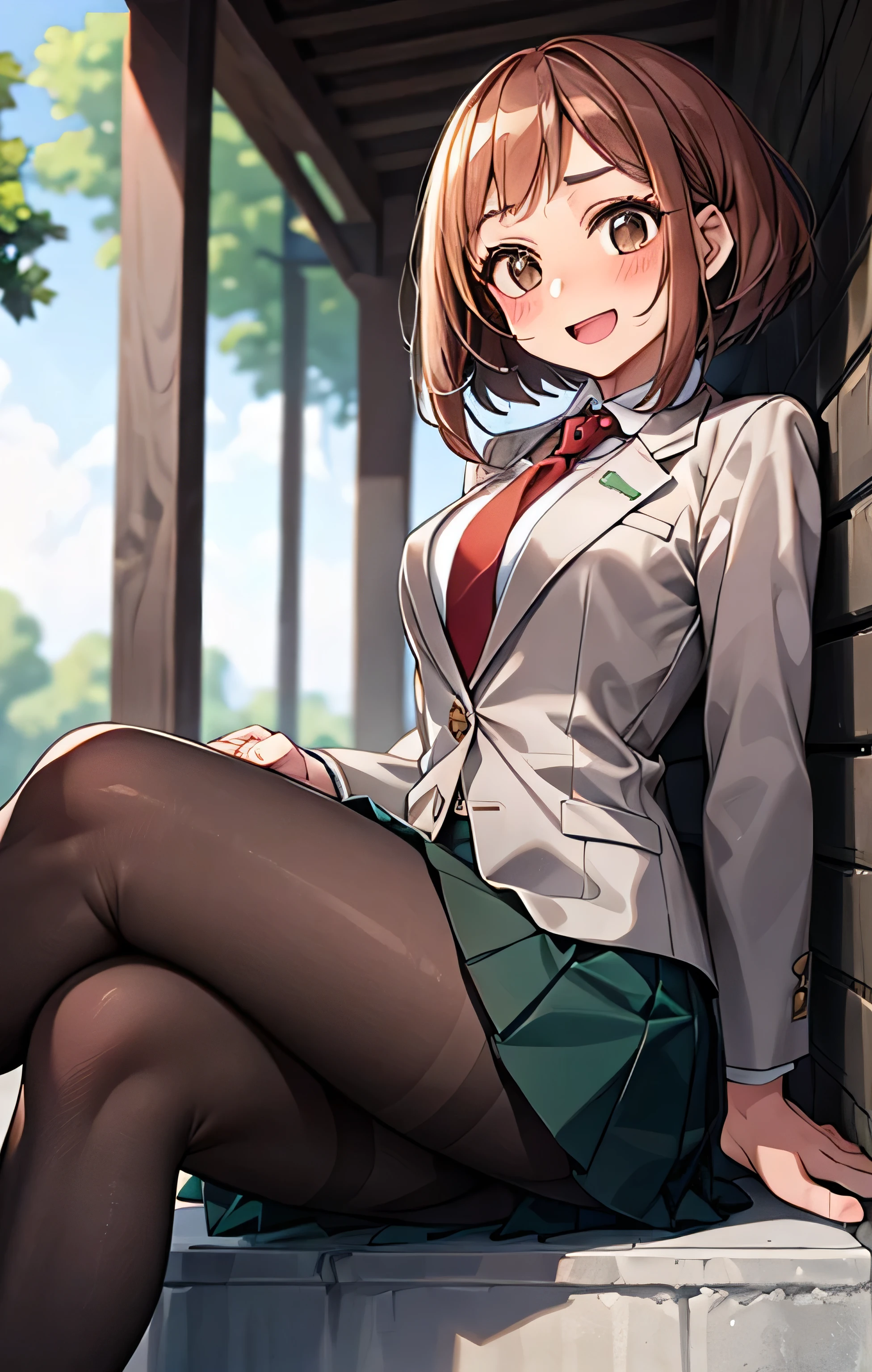 masterpiece, the best quality, High resolutions, Hmochako, blush stickers, short hair, senos medianos. school uniform, green skirt , pleated skirt , red tie, pantimedias negras , white shirt, Long Sleeves Leather, grey jacket, Shaking, They are smiling, open mouth, outdoor, pantyhose, he touches his legs with his hands, school shoes coffee color, foot fetish with pantyhose