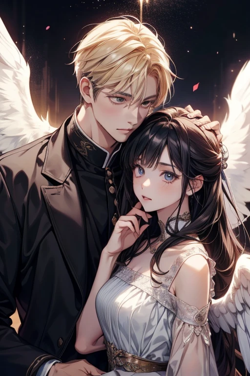 Two people, angel girl and devil guy, The girl has long brown hair, lace white dress and brown eyes, blond guy in a black shirt, guy holds girl by the waist, contrast of dark and light, Gothic, high windows, Castle, richly