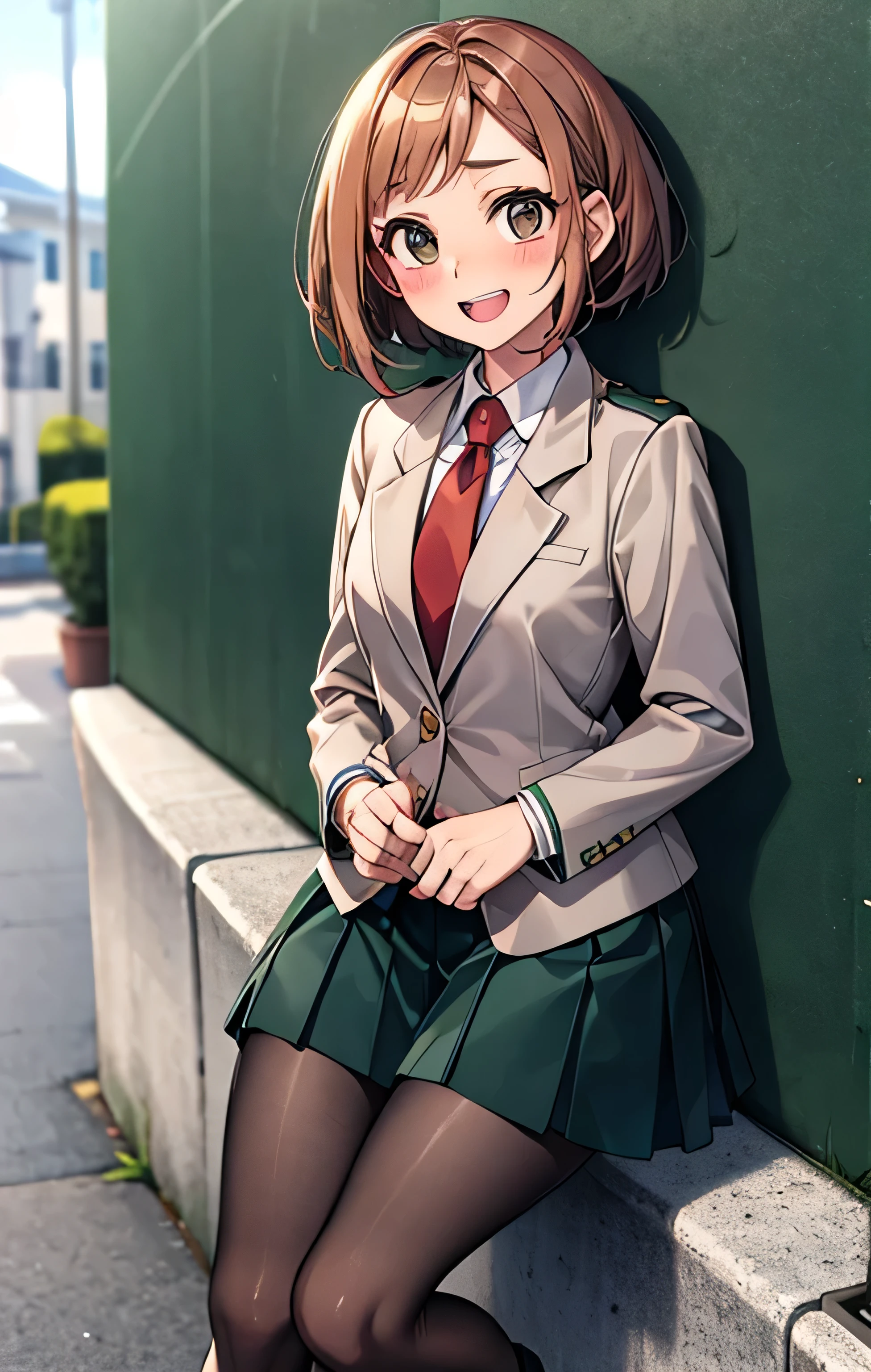 masterpiece, the best quality, High resolutions, Hmochako, blush stickers, short hair, senos medianos. school uniform, green skirt , pleated skirt , red tie, pantimedias negras , white shirt, Long Sleeves Leather, grey jacket, Shaking, They are smiling, open mouth, outdoor, pantyhose, he touches his legs with his hands, school shoes coffee color, foot fetish with pantyhose