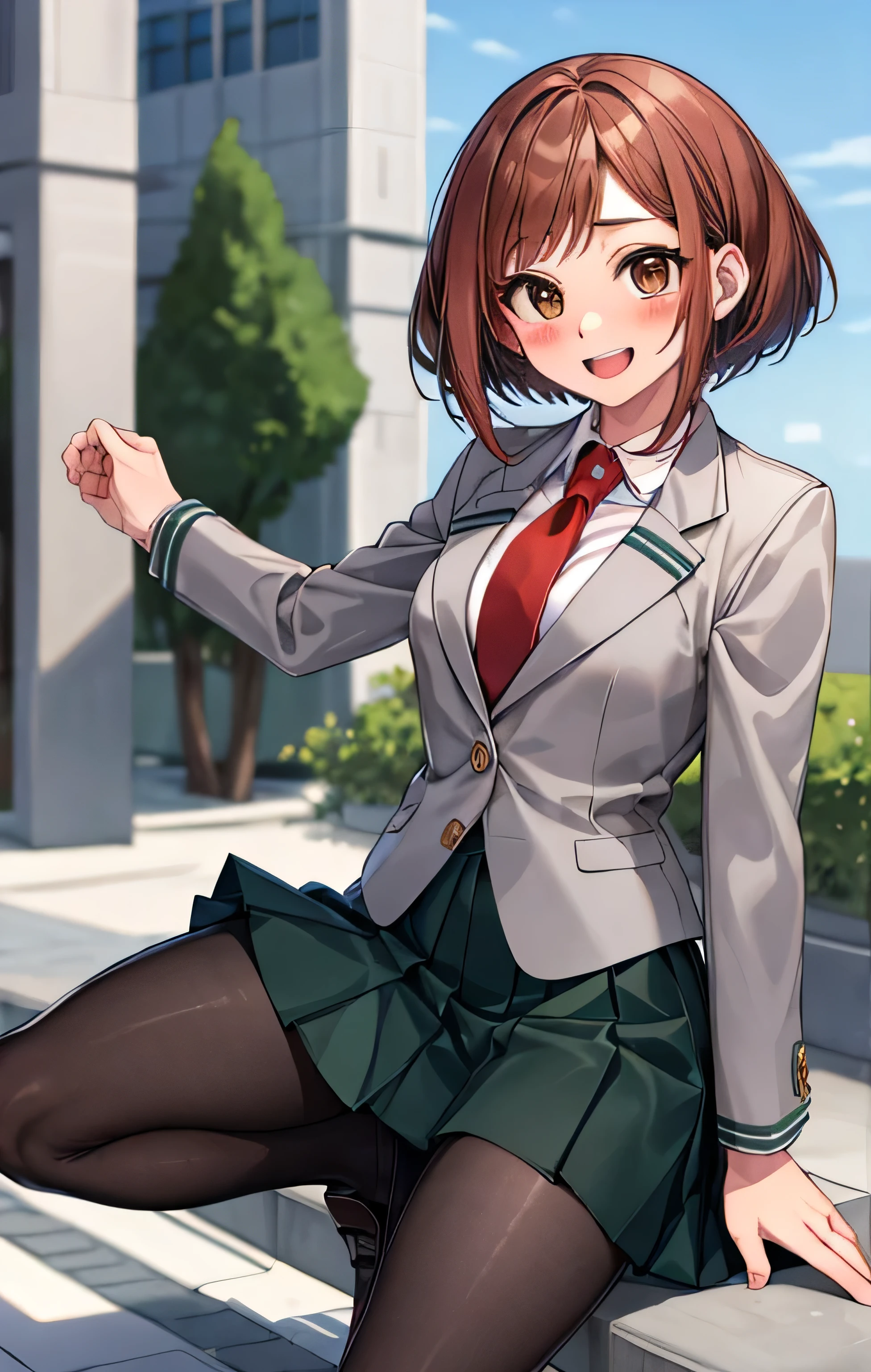 masterpiece, the best quality, High resolutions, Hmochako, blush stickers, short hair, senos medianos. school uniform, green skirt , pleated skirt , red tie, pantimedias negras , white shirt, Long Sleeves Leather, grey jacket, Shaking, They are smiling, open mouth, outdoor, pantyhose, he touches his legs with his hands, school shoes coffee color, foot fetish with pantyhose