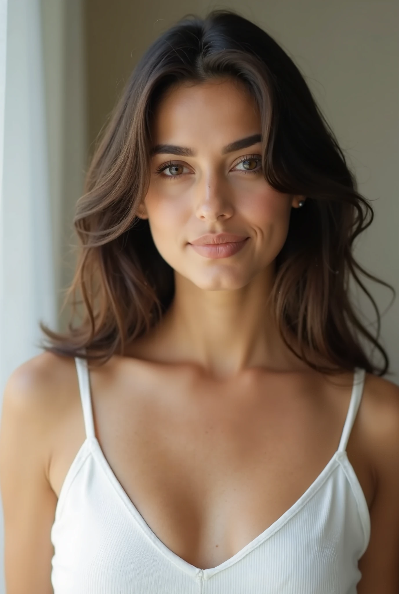 Beautiful 18 years old girl, beautiful face, brunette, long wavy hair, busty, athletic body, wearing a bathrobe. The woman's hair should be rendered in exquisite detail, with each strand and curl perfectly rendered. The final image should be a stunning, photo-realistic representation of the scene, with a level of detail and realism that makes the viewer feel like they're looking at a real photograph.