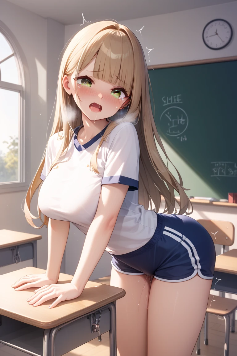 pieces fly、masterpiece、highest quality、Super detailed、High resolution、High resolution、8K portrait、Unity 8k壁紙のHigh resolutionCG、unity 8k wallpaper、cute type little:1.5、upon:1.5、Highly detailed CG unity 8k wallpaper、realistic、real person、cute type little、 portrait photography、shiny skin、High resolution、(:1.2)、(1 girl)、beautiful clear eyes、very detailed explanation、delicate face、nice lips、slender body、big breasts 同 thin waist、thin legs、((athletics stadium:1.8))、1 girl, cute type, perfect face, seriously, (blush:1.5)、big breasts 、((White short sleeve gym clothes :1.3)),((No panties:1.8))、(((clothing lift:1.5))), (((I have nipples))), Detailed description vagina,show vagina,spread legs,spread ,((cum in vaginas:1.5))、((change:1.5))