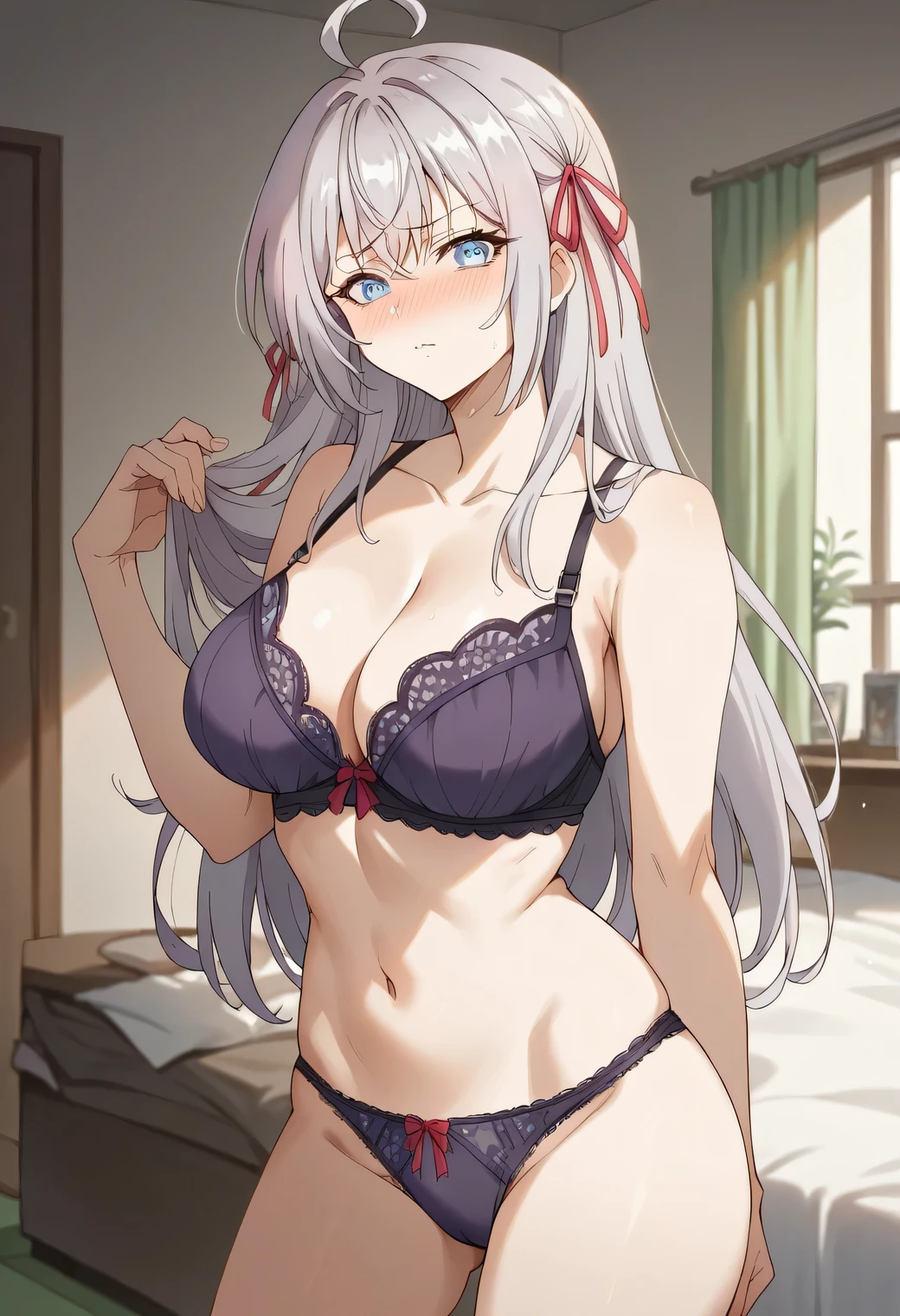 score_9, score_8_up, score_7_up, source_anime,alisa mikhailovna kujou, long hair, bangs, blue eyes, hair ribbon, ahoge, grey hair, red ribbon, large breasts, purple lace bra, purple lace panties, large breasts, nose blush, loooking at viewer, bedroom, standing, posing