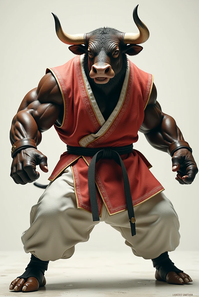 Make a muscular bull wearing a white kimono and a black jiu jitsu belt.