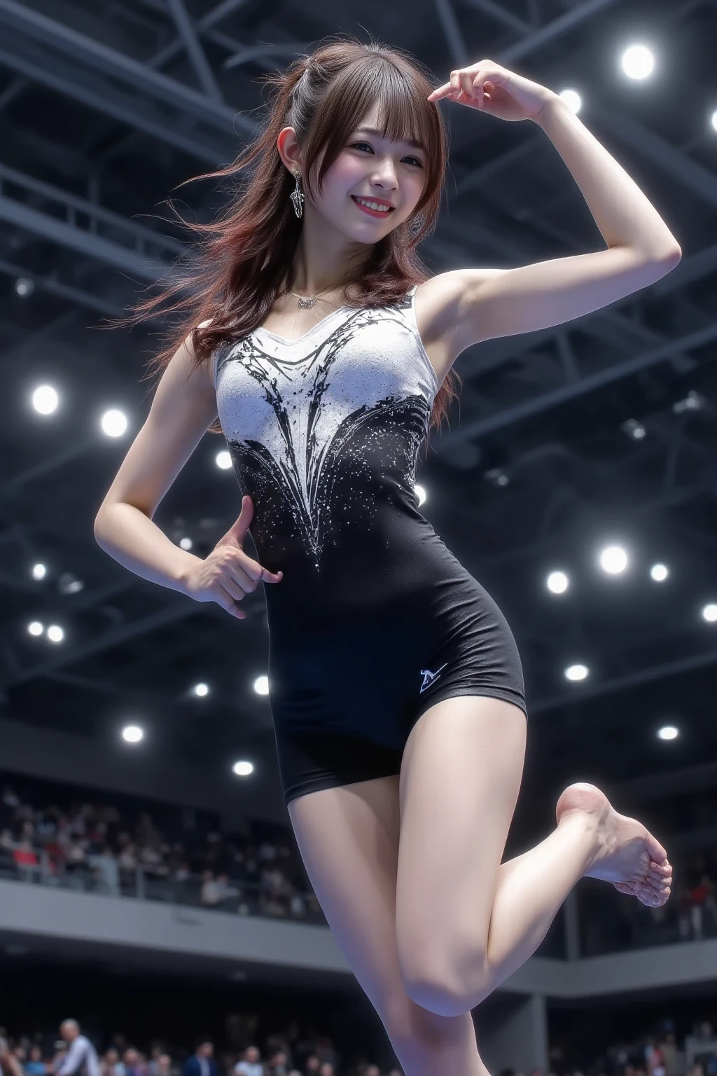 ((最high quality, 8K, masterpiece: 1.3, Ultra HD, high quality, 最high quality, High resolution, realism)) 、Very beautiful 22 year old Caucasian woman、Hair Color: Blonde、Blue Idium Hair、Straight hair、smile、Slim but well-proportioned body、Athlete-like figure、I want to keep my head out of the screen.、Wear accessories on your wrist、Put an anklet on your ankle、Wearing red nail polish、Having a pedicure、Being a cheerleader、Hold pom-poms and wave your hands in the air, They dance the cheer dance