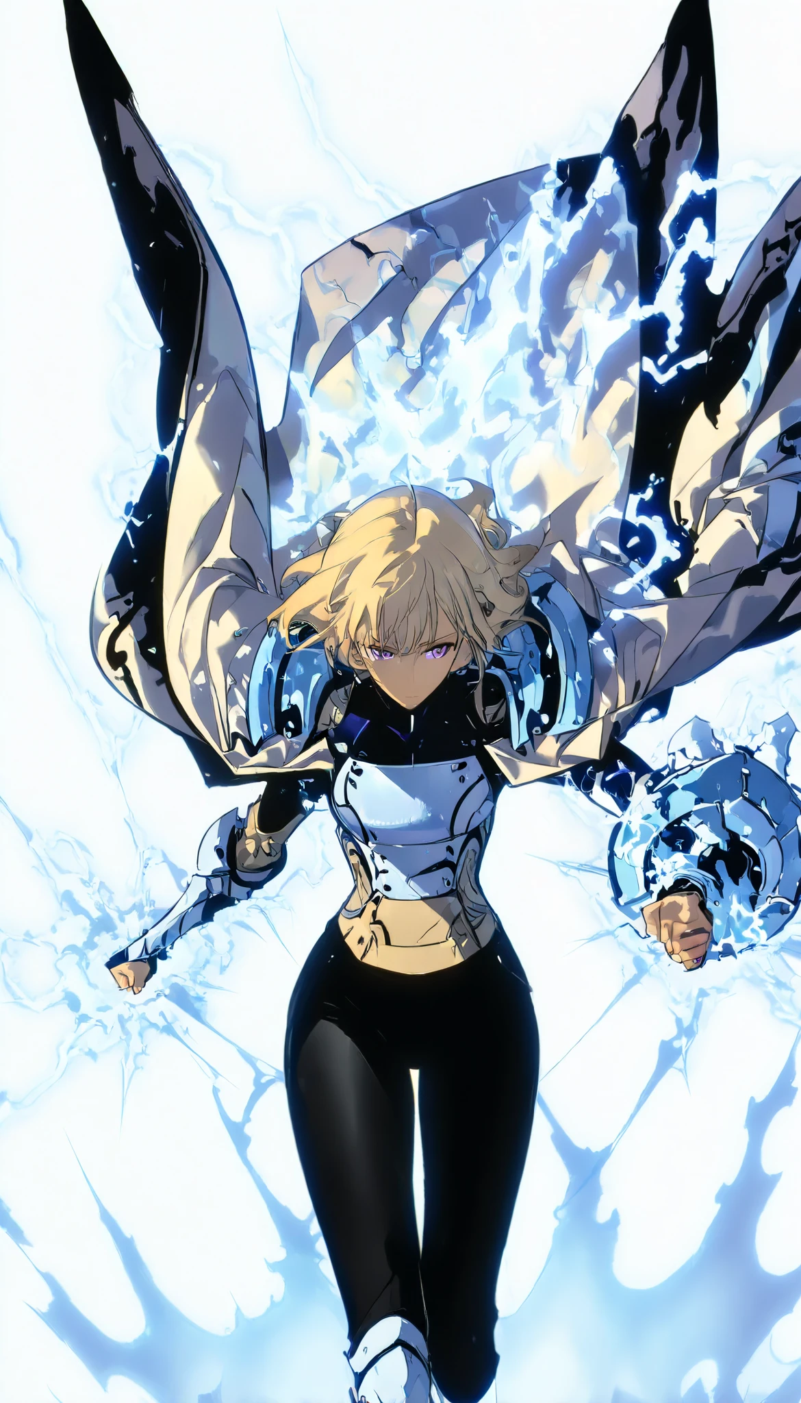 Athletic woman in fantasy clothes, blonde hair, purple eyes, white skintights jacket, black pant, tan, armor plate on shoulders forearms and waist, ice steam, ice power, intricate pencil sketch, un-zoom, highly detailed, intense lightning, intense lightning, white background, upperbody, front view , simple pose