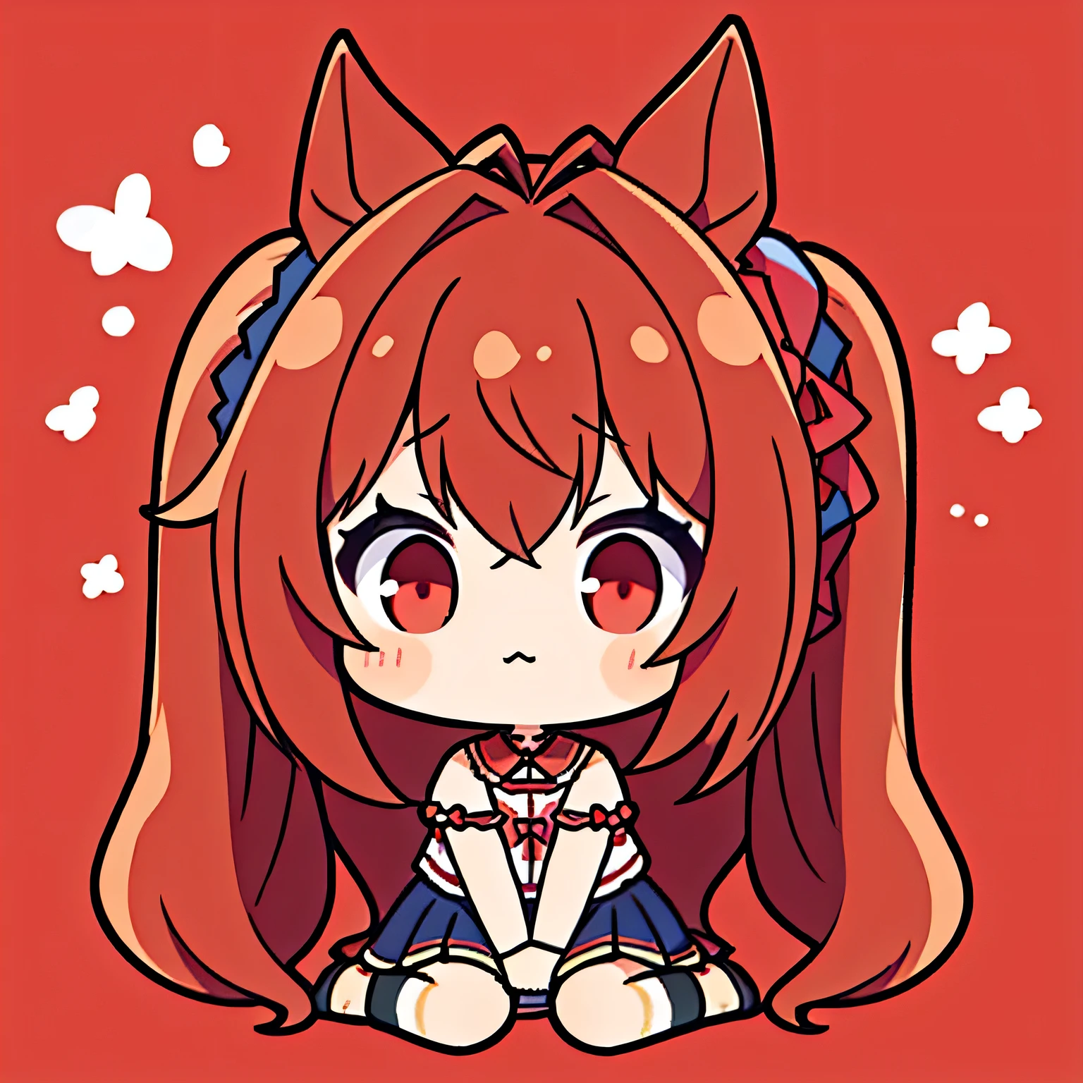  Masterpiece、(daiwa scarlet
brown hair, hair intake, red eyes, long hair, twintails, animal ears, horse girl),  Flatwads, solo,  chibi, whole body、 simple background、Solid color background、 floral background 、 Sitting、 horse ears、 