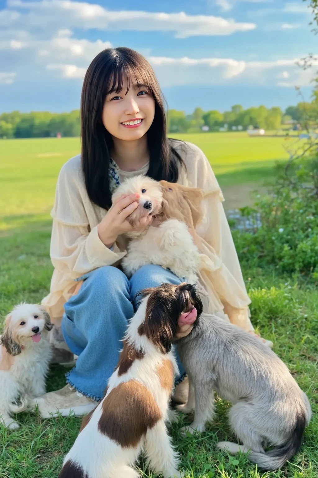A  girl in a green skirt, wearing a green headband, is happily sitting on the grass, surrounded by five white long-haired Chihuahua puppies. The background features the Sydney Opera House in Australia. The image is high definition and detailed, with vibrant yet soft colors, set under a bright sunny sky, making the scene exceptionally lively.
