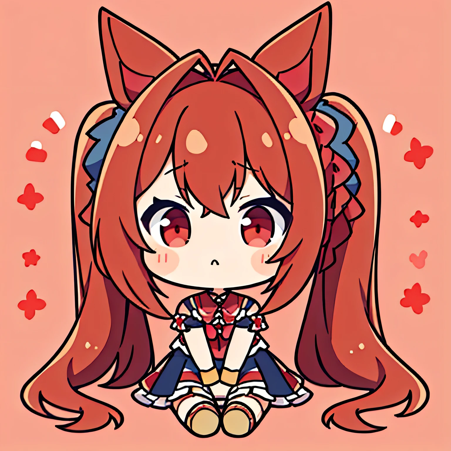  Masterpiece、(daiwa scarlet
brown hair, hair intake, red eyes, long hair, twintails, animal ears, horse girl),  Flatwads, solo,  chibi, whole body、 simple background、Solid color background、 floral background 、 Sitting、 horse ears、  horsetail