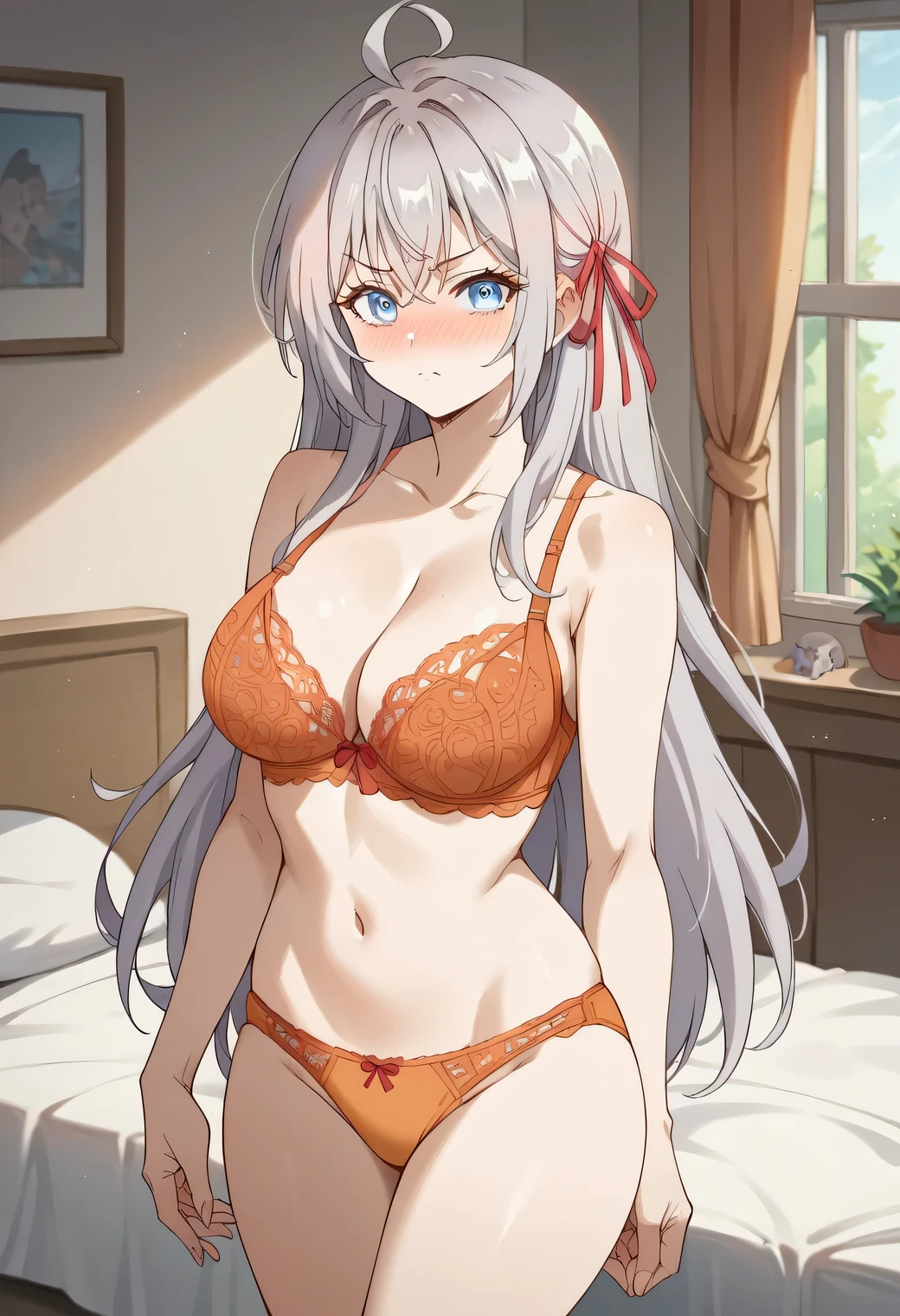 score_9, score_8_up, score_7_up, source_anime,alisa mikhailovna kujou, long hair, bangs, blue eyes, hair ribbon, ahoge, grey hair, red ribbon, large breasts, orange lace bra, orange lace panties, large breasts, nose blush, loooking at viewer, bedroom, standing, posing