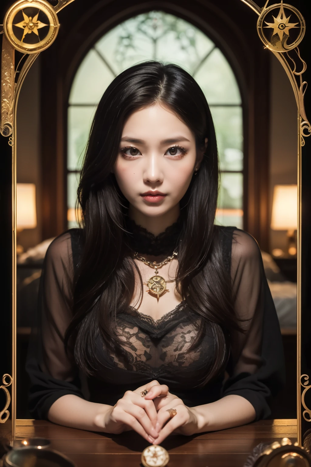 Stunning ultra-realistic in 8K resolution depicting a modern glamorous mysterious woman with black straight long hair, brown eyes, long nails, holding a large magical crystal ball. She is surrounded by many tarot cards, laid out on a dark table and casting an eerie glow. The modern atmosphere is shrouded in darkness, and there is enough light to highlight the woman's intricate costume and the mysterious objects around her. The overall effect is one of mystery, depth and a touch of magic, creating an unforgettable visual experience, photography