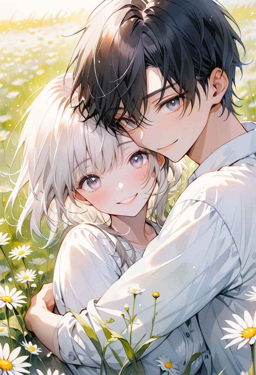 a short-haired white-haired gender female, messed by the wind, red-eyed, wearing a white t-shirt, smiling shyly, blushing face, gazing at a brown-haired gender male with black eyes, expressing a sincere smiling face, embracing each other tightly in a wheat field, gloomy evening atmosphere, realistic anime-style image with rgb lighting