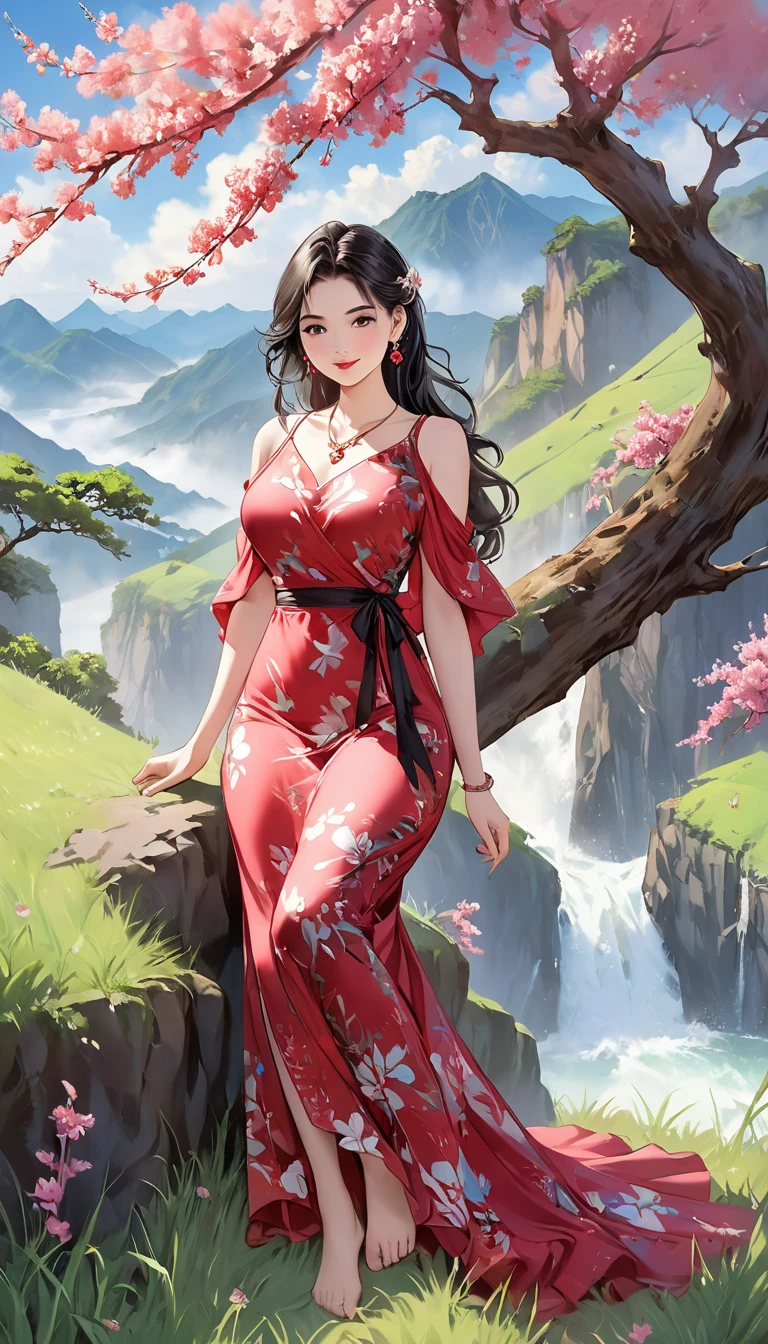 (best quality), ((masterpiece)), (highres), illustration, original, extremely detailed,licg, 1girl, breasts, long hair, solo, waterfall, brown hair, water, jewelry, hair ornament, cleavage, hair stick, bare shoulders, outdoors, dress, earrings, red dress, leaf, sash, large breasts, looking at viewer, full body, brown eyes, parted lips, holding, tree, collarbone, river, bell, hand up