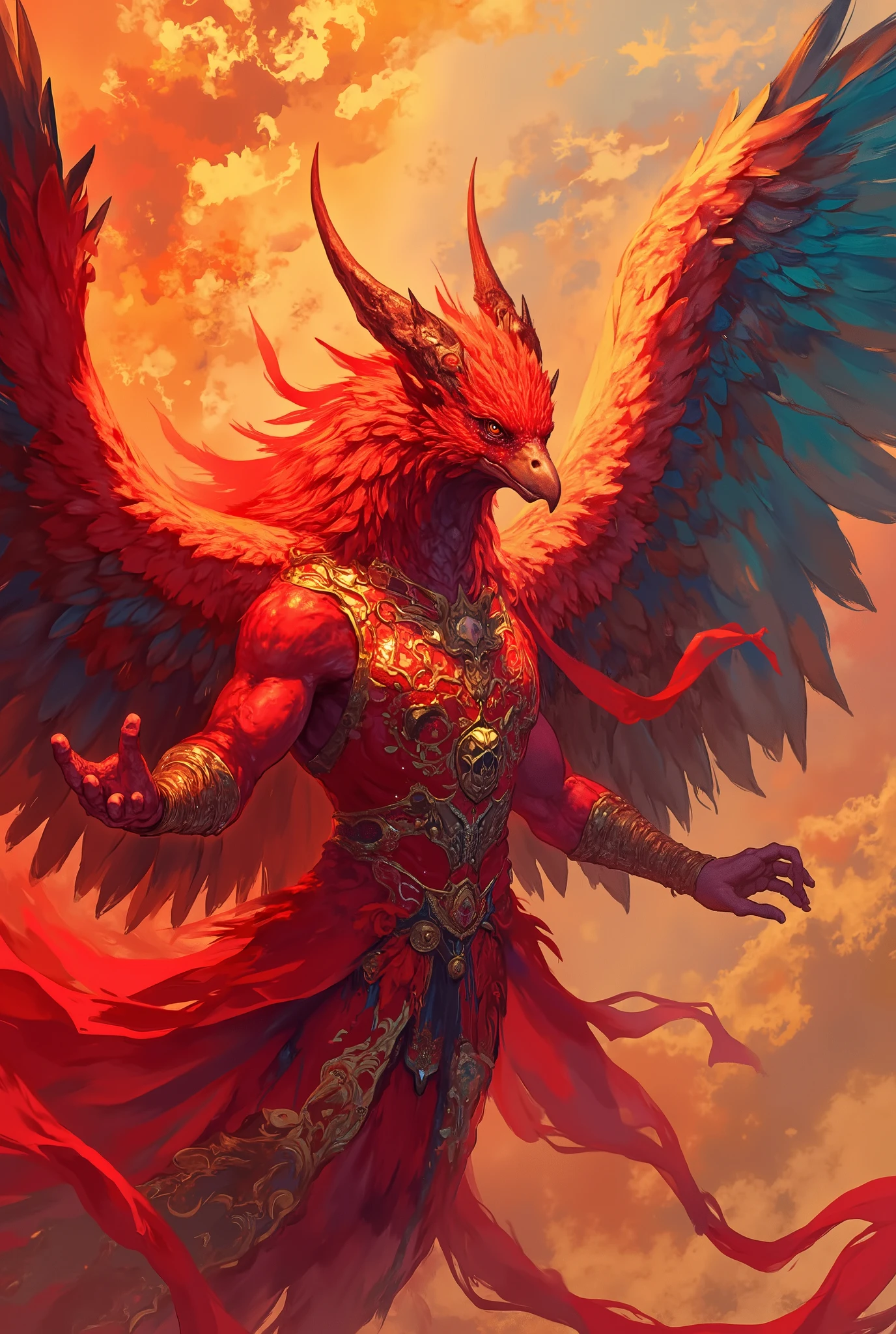 A (((garuda))), a mythical hindu ancient warrior with superhuman strength and speed, depicted in a ((cinematic scene)) at 8K resolution, with intricate details and (hyper-realistic garuda body with flowing, thick hair) showcasing its remarkable speed and agility in motion, garuda eyes are sharp and focus on the camera, with a serene and composed expression. The setting includes a beautiful garuda dress with bright and rich hues, that enhance the overall cinematic quality of the image