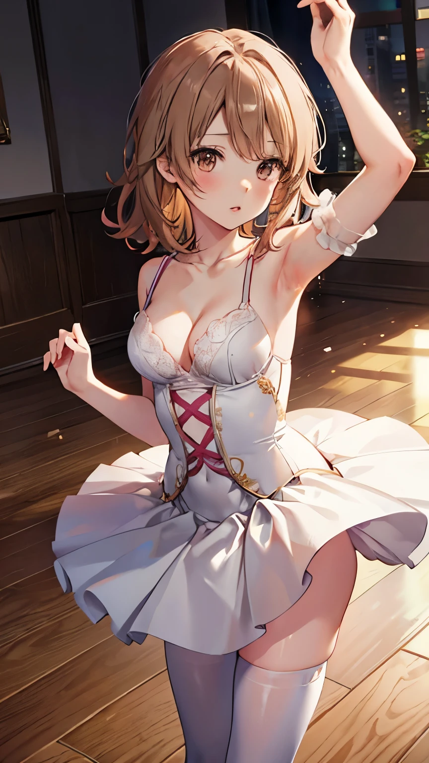 Iroha Isshiki, slender body, solo, medium Brown hair, disheveled hair, lips parted, wood floor, ballerina, tutu, white tights, cleavage