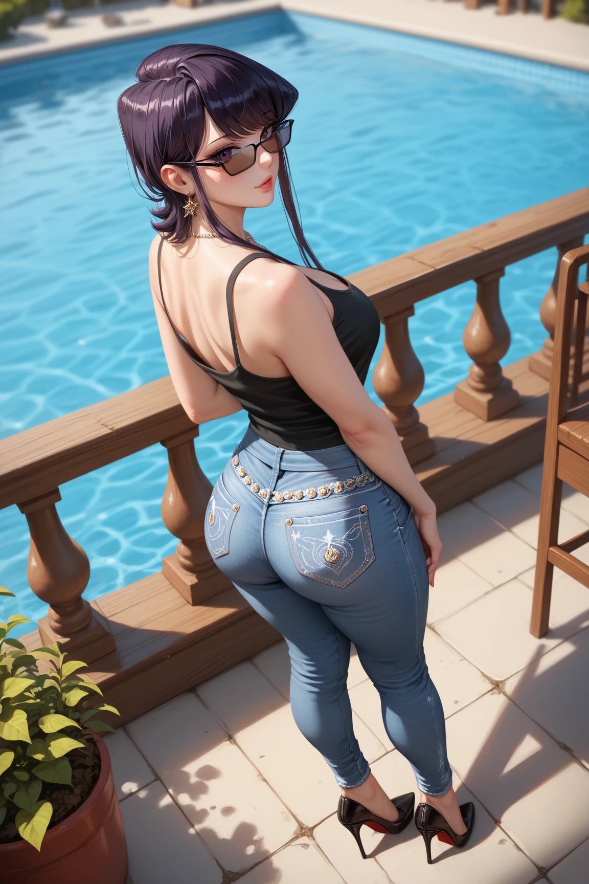 a close-up of a beautiful woman in a swimming pool with a building in the background, slim waist and thick hips, thick things, long curvy black hair, waist - shot, big serve, tight jeans, black extremely tight jeans, curvy accentuated booty, good hips and long legs, ava max, the extremely hot and sexy, beautiful thick female