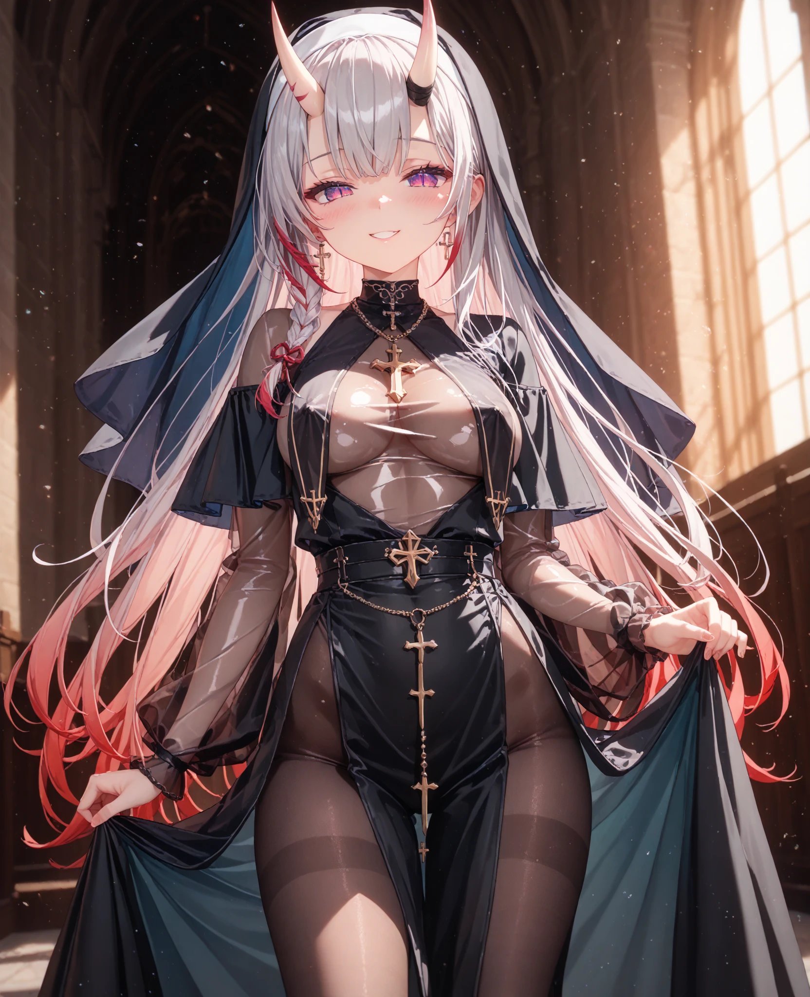 masterpiece,1girl,solo, <lora:MudrockSummerV1-000008:0.8>,horns,white hair,crucifixion,long hair,very long hair, <lora:crucifixionV1-000006:1.2>,closed eyes, bound legs, from_front