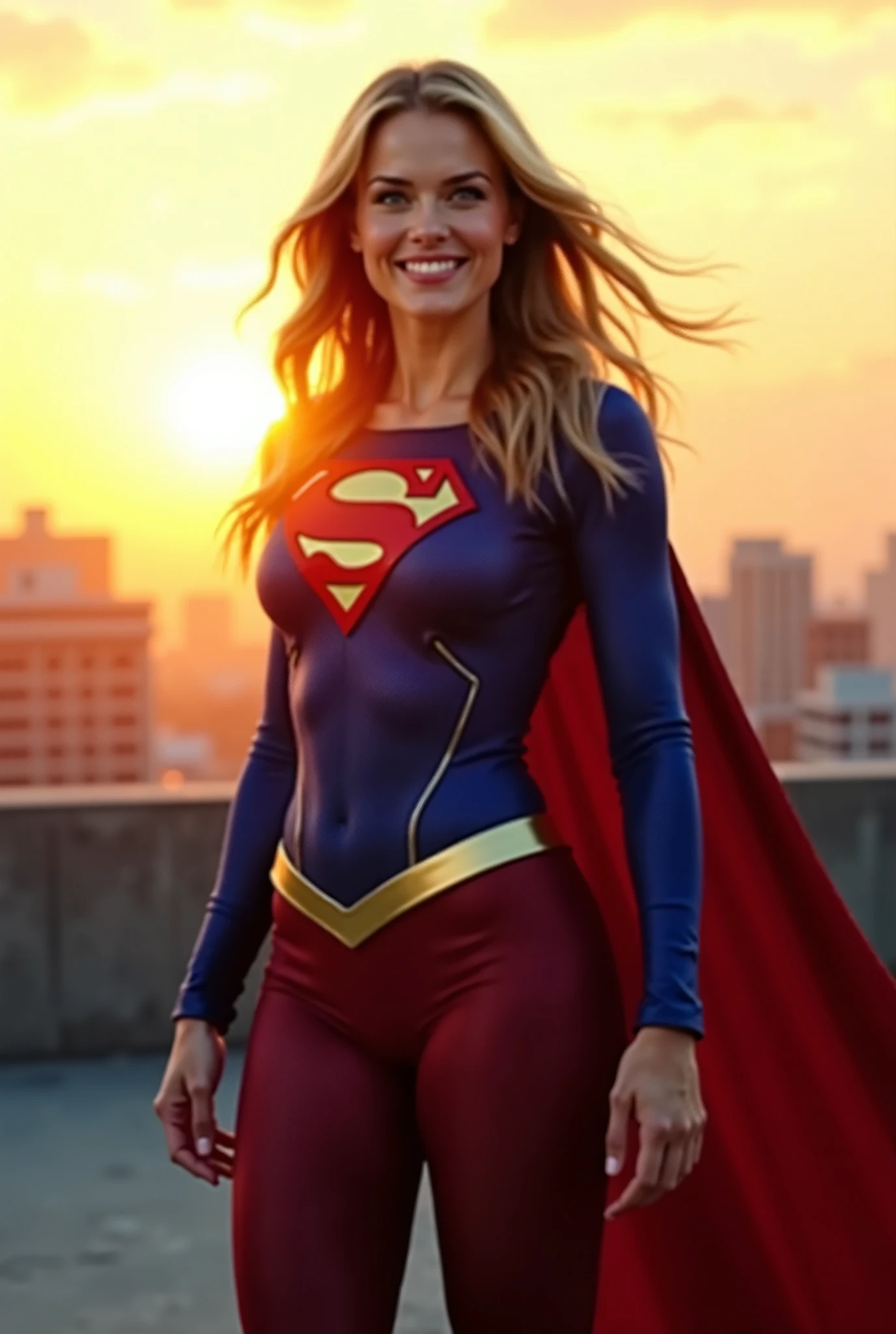 DC movies,full body,photo of a 18 year old girl,supergirl,squatting,happy,laughing,pants,ray tracing,detail shadow,shot on Fujifilm X-T4,85mm f1.2,depth of field,bokeh,motion blur,<lora:add_detail:1>,