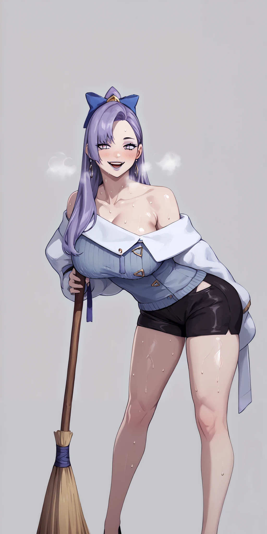 score_9, score_8_up, score_7_up, score_6_up, uncensored, SHIKOKU_(MATO_SEIHEI_NO_SLAVE), purple hair, purple eyes, slit pupils, long hair, hair bow, red bow, parted bangs, ribbon trim, half updo hair, straight hair, medium breasts, (voluptuous:1.3), (thick:1.3), BREAK UHD, retina, masterpiece, accurate, anatomically correct, textured skin, super detail, high details, high quality, award winning, best quality, highres, 4K, excessive sweating, sweating, sweating drop, (gasping, heavy breathing:1.3), (skindentation:1.2), perfect eyes, beautiful eyes, eyelashes, makeup, detailed body, perfect body, BREAK, white jacket, sweater dress, off shoulder, black shorts, solo,broom, lips, breasts, standing, blush, looking_at_viewer, leaning_forward, open_mouth, holding, smirk, earrings,