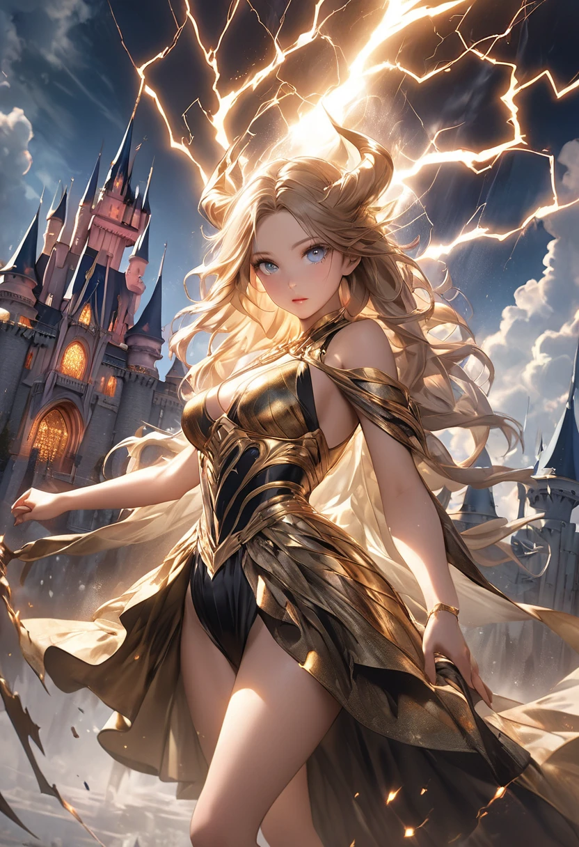 (masterpiece1.5),(a young blonde women in a gold dress with a big golden-sword fighting a gold-dragon), 1girl, breasts, solo, blonde hair, long hair, pointy ears, blue eyes, smile, cleavage, dress, hand on hip,sequins dress, looking at viewer,(((Beautiful huge golden sphere))),kirakira,shiny,illustrious,golden colored,gold ball,Golden Jade,Dazzling,Reflectors,gorgeous,high-class sense,kirakira,flash,metallic,glossy