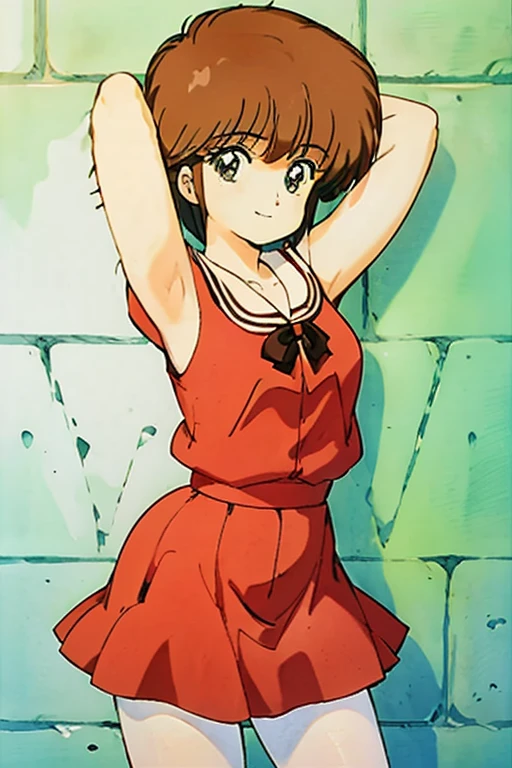 1girl, Hikaru Hiyama, short cut hair, Masterpiece, top quality, cropped jacket, black bow, shirt, aqua skirt, ruffles, white pantyhose, arms behind head, smile, closed mouth, 1990s style, brick wall,