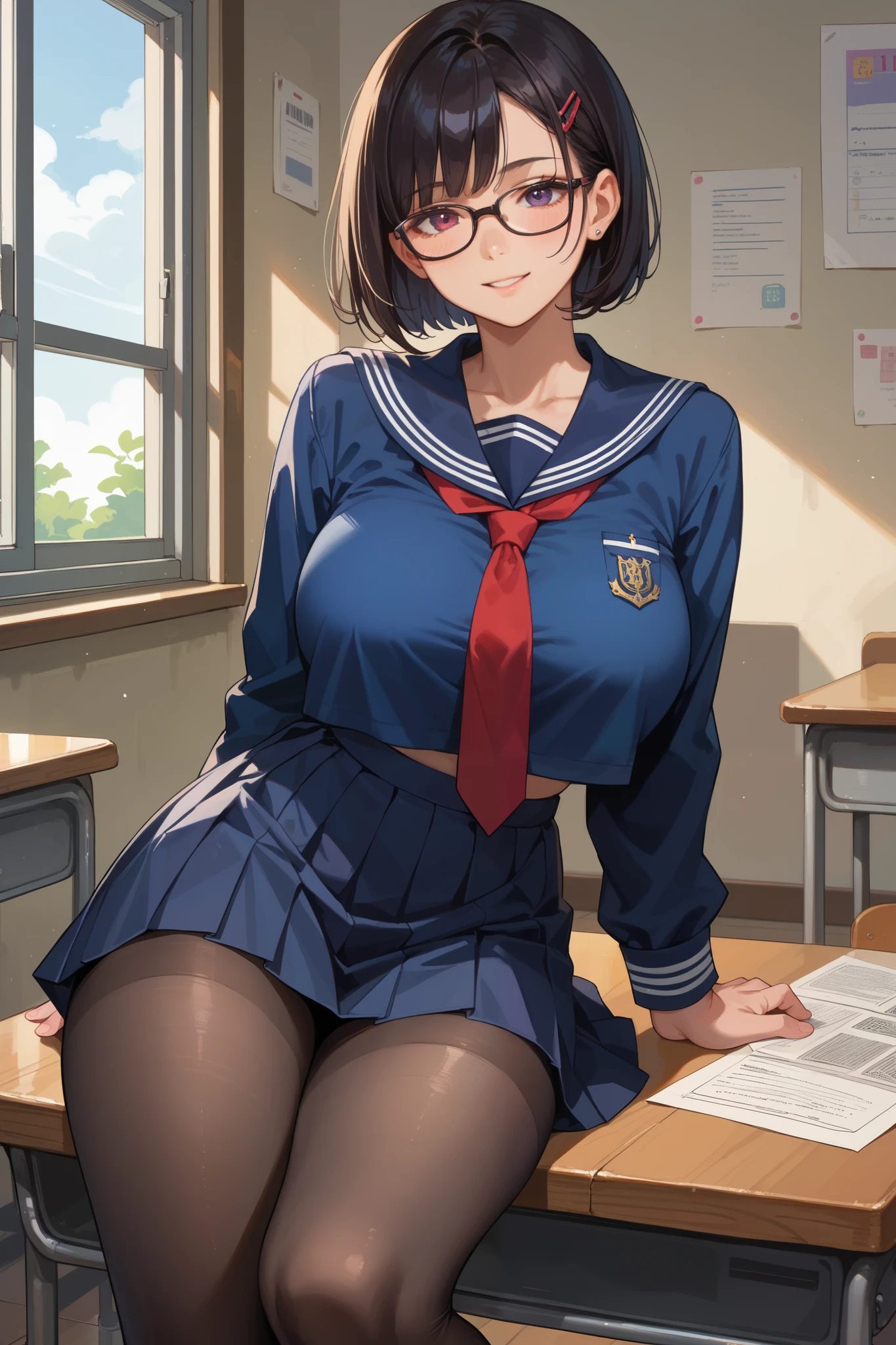 1 woman, 17 years old, brown bob hair, plump body, blue eyes, Indonesian high-school uniform, wearing glasses, white shirt, osis logo on shirt pocket, natural big breasts, light-grey pleated skirt, full body shot, smiling, in the classroom.