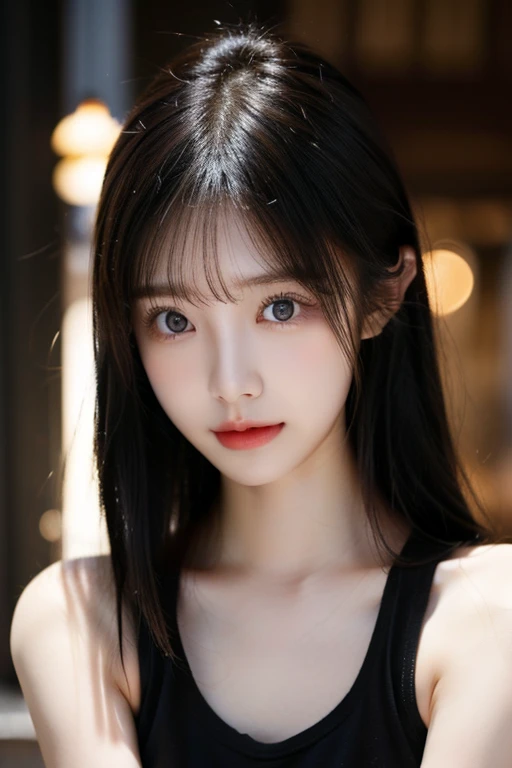 Top image quality、Raw photography、超A high resolution、18 year old cute Korean、Shooting for one person only、big round chest、Camisole、skirt by the、Shiny hair、Beautiful Eyes of Details、very elongated eyes、Beautiful eyelashes、Beautiful double eyelids、eyeshadows、耳Nipple Ring、close-up shooting、Model shooting for magazines、Fashion catalog shooting、Wall on grey background