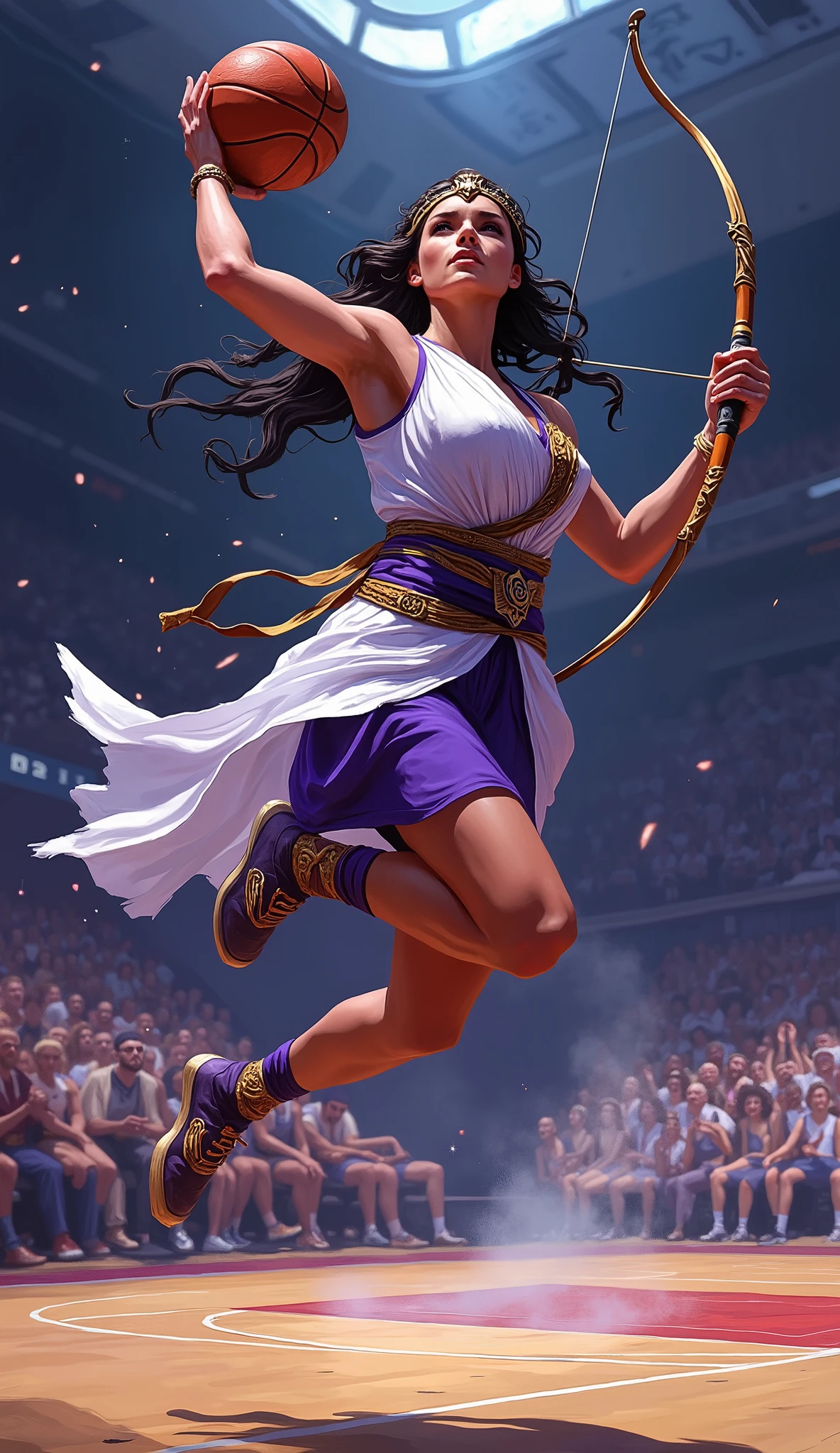 greek goddess artemiss, (huntress), ((playing basketball:2)), she is in purple team, purple theme color,(white goddess clothes with purple elements), [purple clothes: 2], ((holding a bow)), basketballl ball, background is basketball court, basketball basket in the background, she is jumping, professional basketball player pose jumping in the air with 4K, high details, (digital painting), ((oil painting:2.2)), energy sparks, energetic, dynamic pose, masterpiece,  particles, (she is wearing warrior outfit covered with golden ornaments), [white dress 1.4], she is wearing gold helmet, high quality , high contrast, strong light