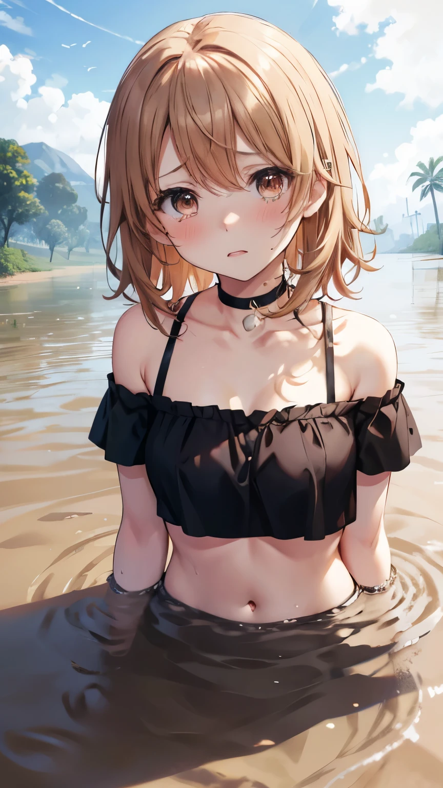 Minami Kotori, One side up, Hair Ribbon, masterpiece, top quality, high resolution, unity 8k wall paper, illustration, detailed eyes, extra detailed face, Highly detailed CG, glossy lips, fill lips, light makeup, scared, fear, (tears, crying), necklace, (quicksand:1.4), beach, cleavage