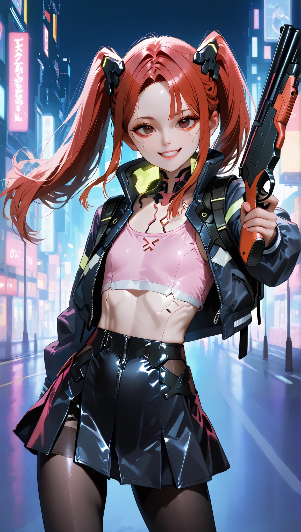 very aesthetic, 걸작, 고해상도, 8k 해상도, high contrast, semrealistic, newest, koreanai, best_quality, finely_detailed_eyes_and_detailed_face, 1 korean_여성, cyberpunk,  edgerunners, cyberware, black_eyes, red_hair, long_straight_hair, (twintail), slicked_hair, parted_bangs, (navy_jacket, pink_crop_tanktop, grey_tight_line_miniskirt, leather_backpack, black stockings, pantyhose), looking at viewer, (dynamic_pose, night city), front_view, cowboy_shot, skinny_body, (li), (flat_chest), (skinnybody:1.2),beautiful,  pretty , cute, smile,  teeth , holding_cyberpunk_shotgun