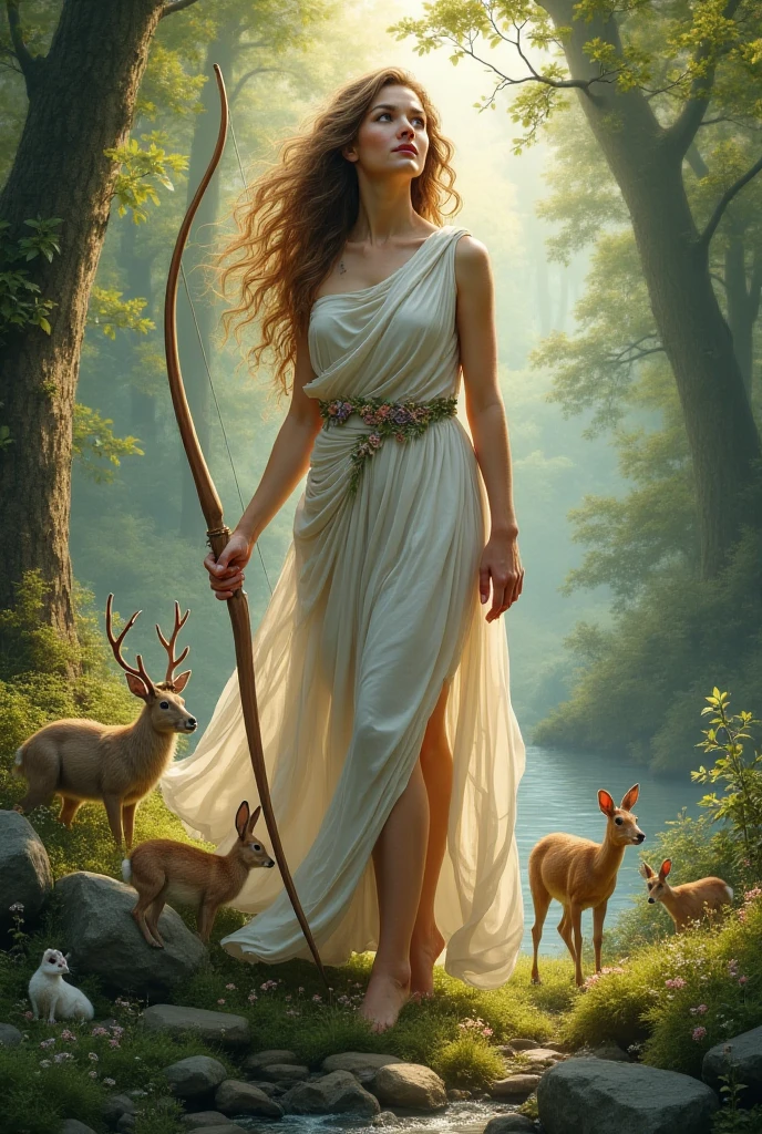 Artemis is known as the goddess of the hunt and is often depicted carrying a bow and arrows., and accompanied by a group of nymphs or wild animals such as deer. He is the patron saint of hunters and is often associated with the wild and mountains..
