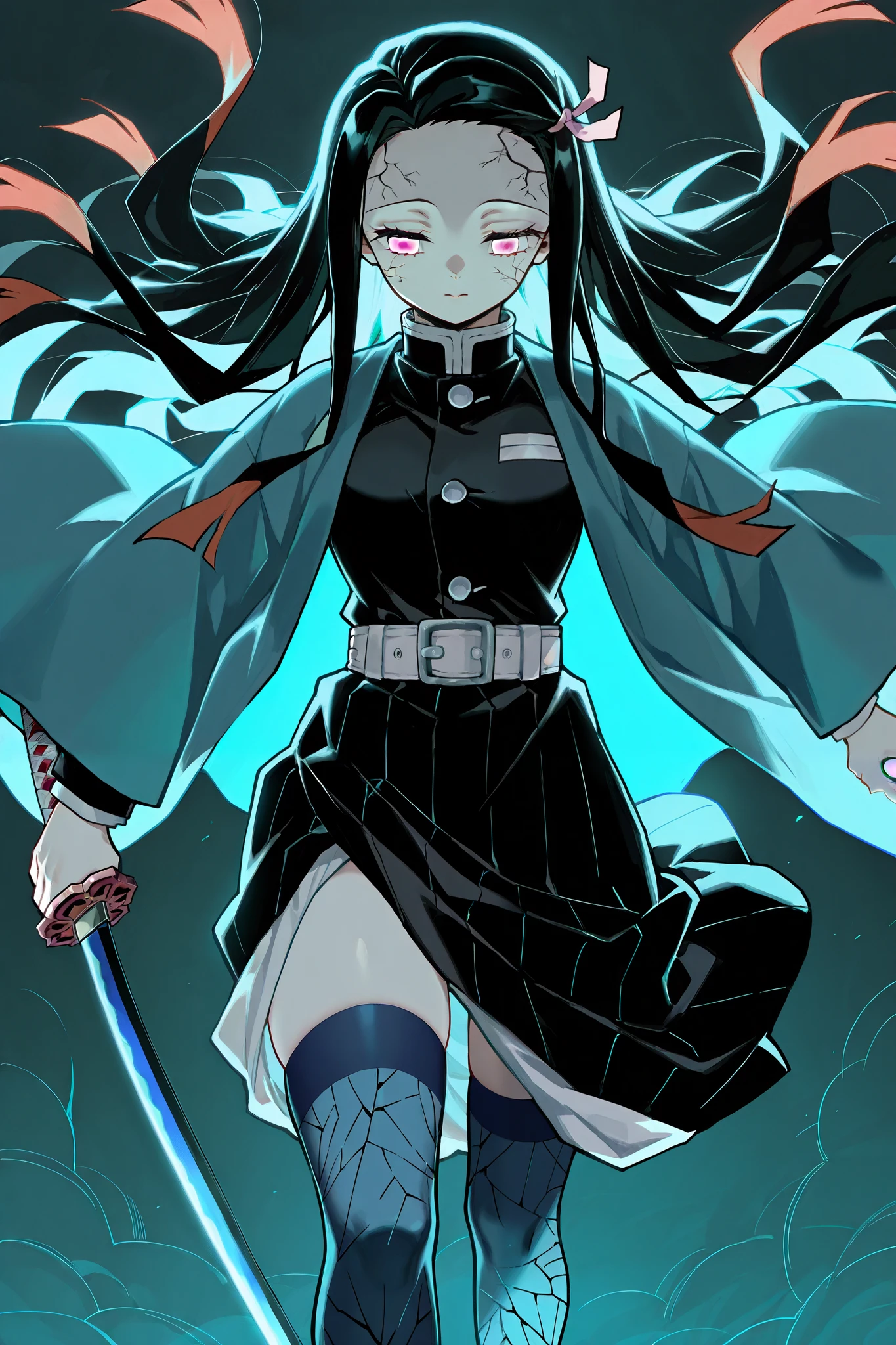 1girl, solo, Nezuko Kamado, kimetsu no yaiba, human, demon slayer uniform, blue haori, blue stockings, blue katana, standing in semi-darkness, the moon's light illuminates the face, the katana is lowered down, the wind develops hair, the eyes are closed 