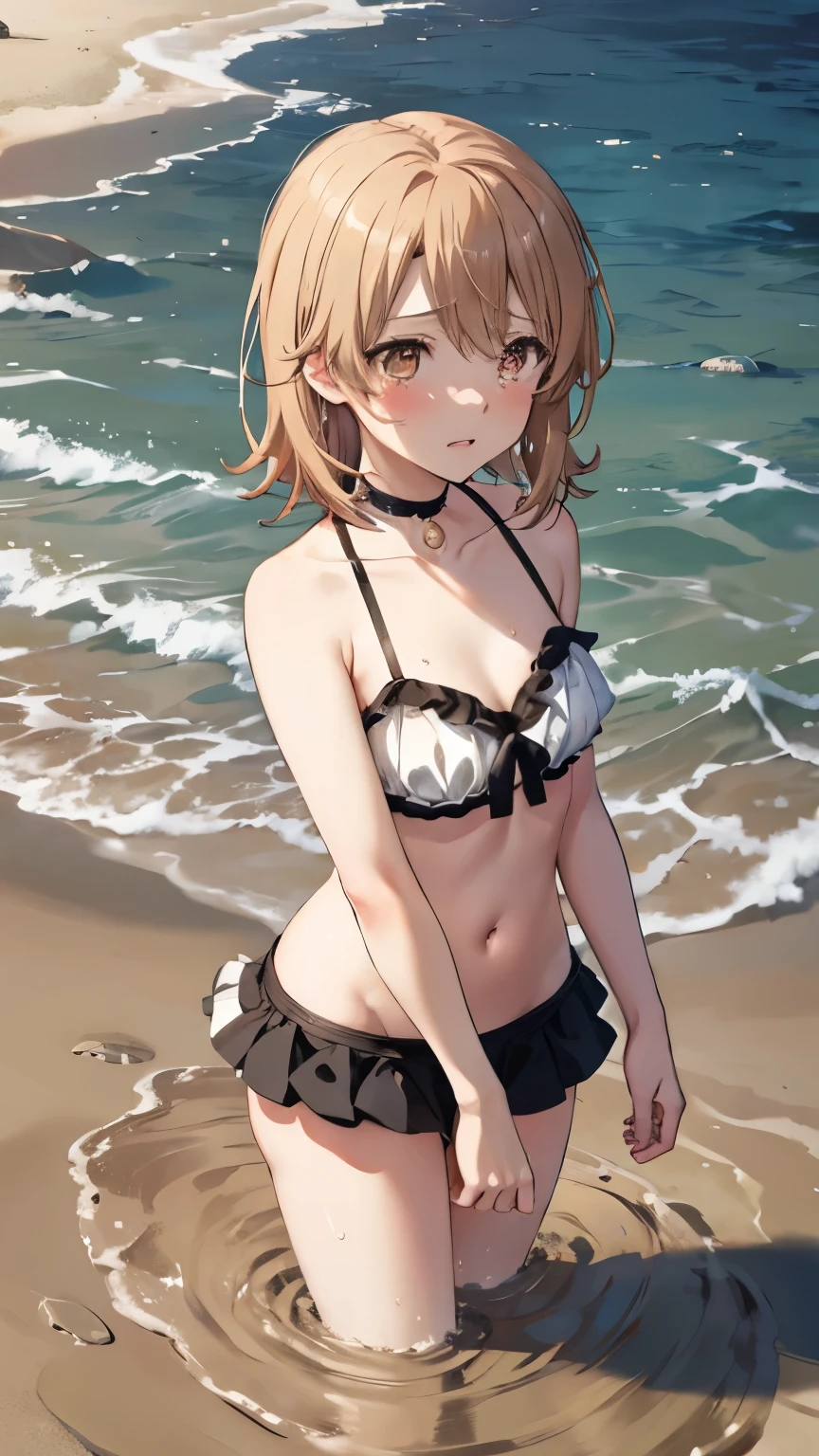 highest quality、table top、1 girl、The cutest girl、{{{saber alter:1.6}}}、((gold eyes:1.6),Fancy Black Bikini、thick body、plump breasts、Very grumpy and angry face、beach、cute anime illustration、{{camel toe:1.6}}