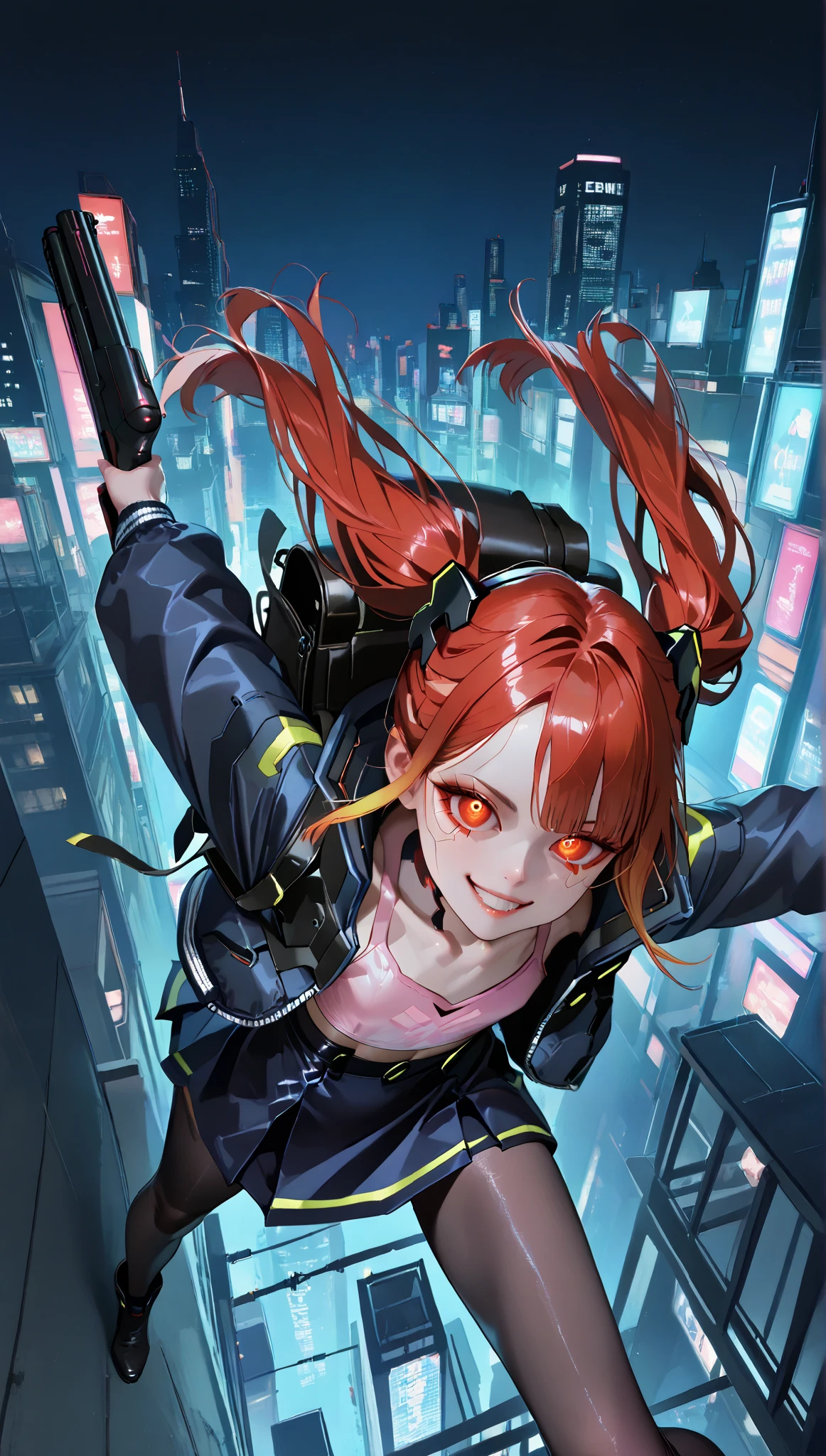 very aesthetic, 걸작, 고해상도, 8k 해상도, high contrast, semrealistic, newest, koreanai, best_quality, finely_detailed_eyes_and_detailed_face, 1 korean_여성, cyberpunk,  edgerunners, cyberware, blue_eyes, glowing_eyes, red_hair, long_straight_hair, (twintail), slicked_hair, parted_bangs, (navy_jacket, pink_crop_tanktop, grey_tight_line_miniskirt, leather_backpack, black stockings, pantyhose), looking at viewer, (dynamic_pose, night city), front_view, cowboy_shot, skinny_body, (li), (flat_chest), (skinnybody:1.2),beautiful,  pretty , cute, smile,  teeth , holding_cyberpunk_shotgun
