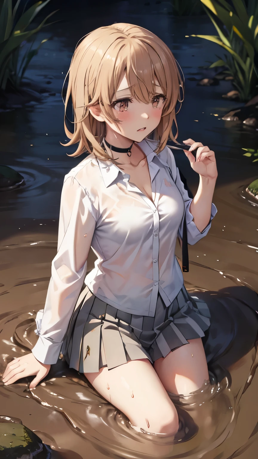 female,Round Face,Solitary,sports,Relax,Red hair,Big wavy hairstyle,elegant,whole body,(Open your legs),(((Exposing thighs))),full,Transparent openwork,Deep V Suspenders,((White skirt)),stocking,leggings,(Brushstrokes,Impressionism,painting,Rich scenery),Disheveled,Chest contour,(((Wet clothing))),(((Ultra-thin clothing))),((Flesh outline)),Grinning