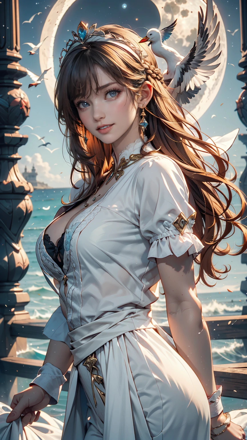 ,((Highest quality))),8k,((masterpiece)),(Very sophisticated and beautiful), A girl emerges from the sea, The Swan Princess of Russian Mythology, Beautiful calm face, blue eyes, Long blonde hair braided, Moon braid at the back of the head, With a kokoshnik crown on his head、White and shiny old Russian clothing, Loving eyes, Half-laugh, There was a gentle look on his face, Background seascape and sunlight, Seagulls in the sky, full length, realism