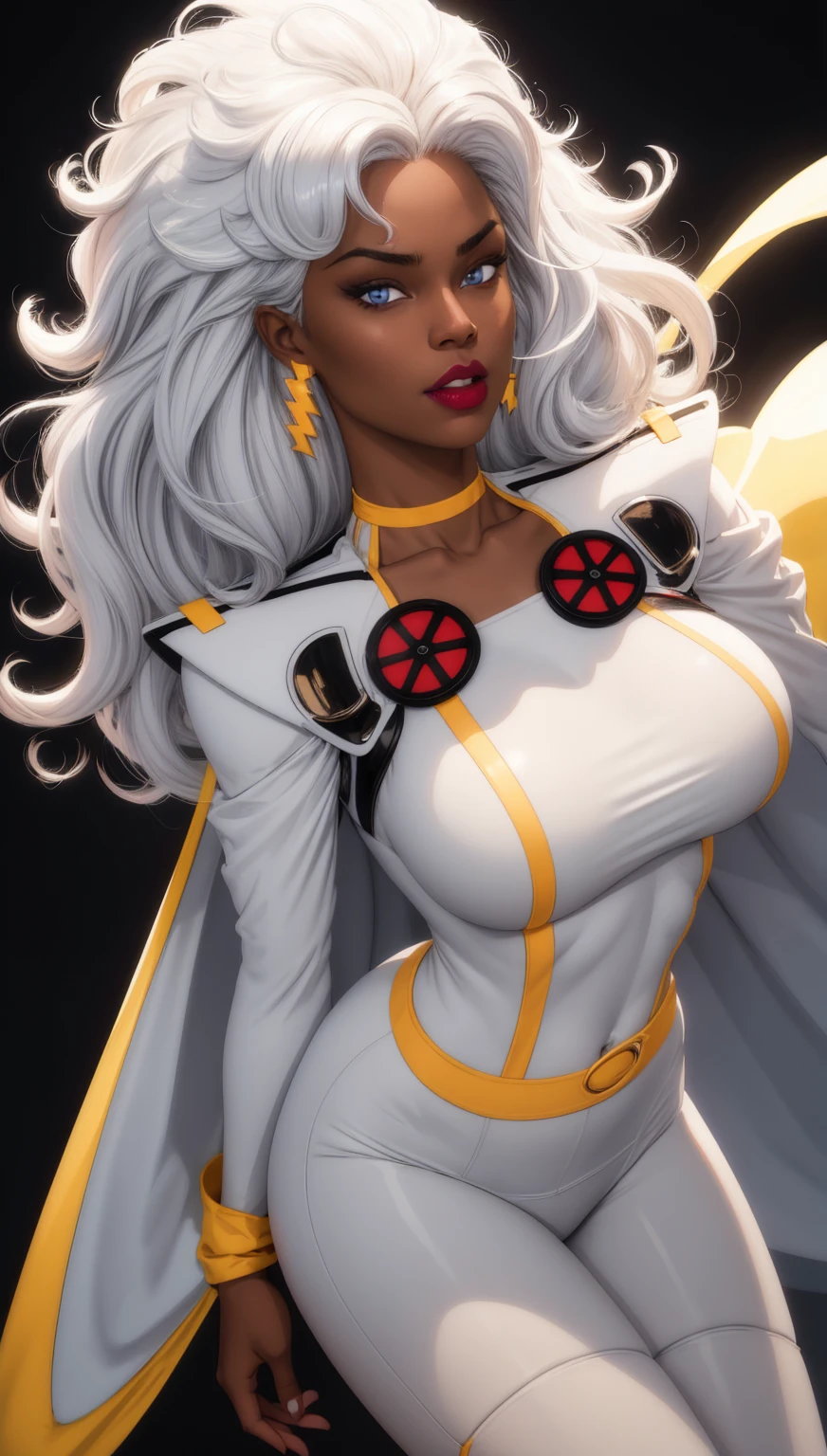 (dark skin: 1.6), (New York: 1.4), (time square: 1.3), (Day with Thunder and Lightning: 1.5), Storm, also known as Ororo Munroe, is a Marvel character with a remarkable appearance. She is a dark-skinned woman with a pretty face and perfect features, with bright white eyes and long silver hair that flows like a storm. Her height and size are impressive, conveying a majestic presence. Her iconic costume consists of a white leather outfit that clings to her body, accentuating her curves, with gold details including a high collar and long gloves. She wears a cape that extends to her ankles, reminiscent of the clouds of a gathering storm. Storm also sports dangling earrings and a gold belt. Her clothes evoke a balance between elegance and power, reflecting her ability to control the natural elements, especially the weather. (athletic body: 1.5), (Bright white outfit coru leotard: 1.5), (average breasts: 1.3), (hanging breasts: 1.3), (full breasts: 1.3), (realism:1.5), (Realisitc:1.4), (Absurdity:1.4), 8k, ultra-detailed, Detailed beautiful woman, (only:1.4), 1girl, (Viewer facing:1.2), (Day with storm and lightning: 1.5), Intricate body details, (Curvy: 1.3),(short:1.3)